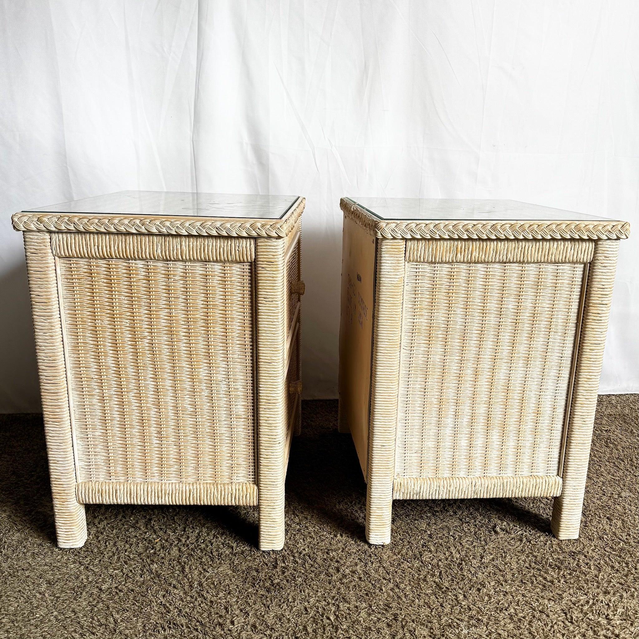 Coastal White Washed Henry Link Wicker Nightstands by Lexington - A Pair In Good Condition For Sale In Delray Beach, FL