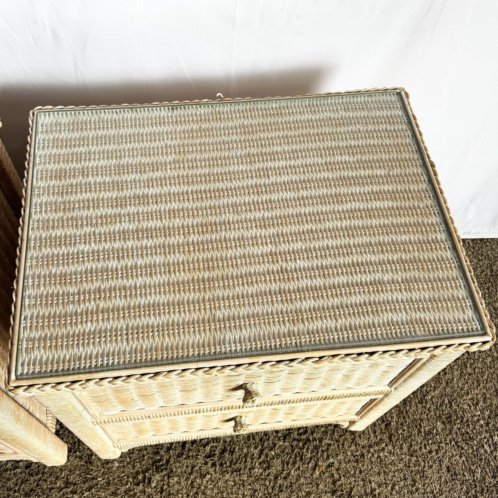 Late 20th Century Coastal White Washed Henry Link Wicker Nightstands by Lexington - A Pair For Sale