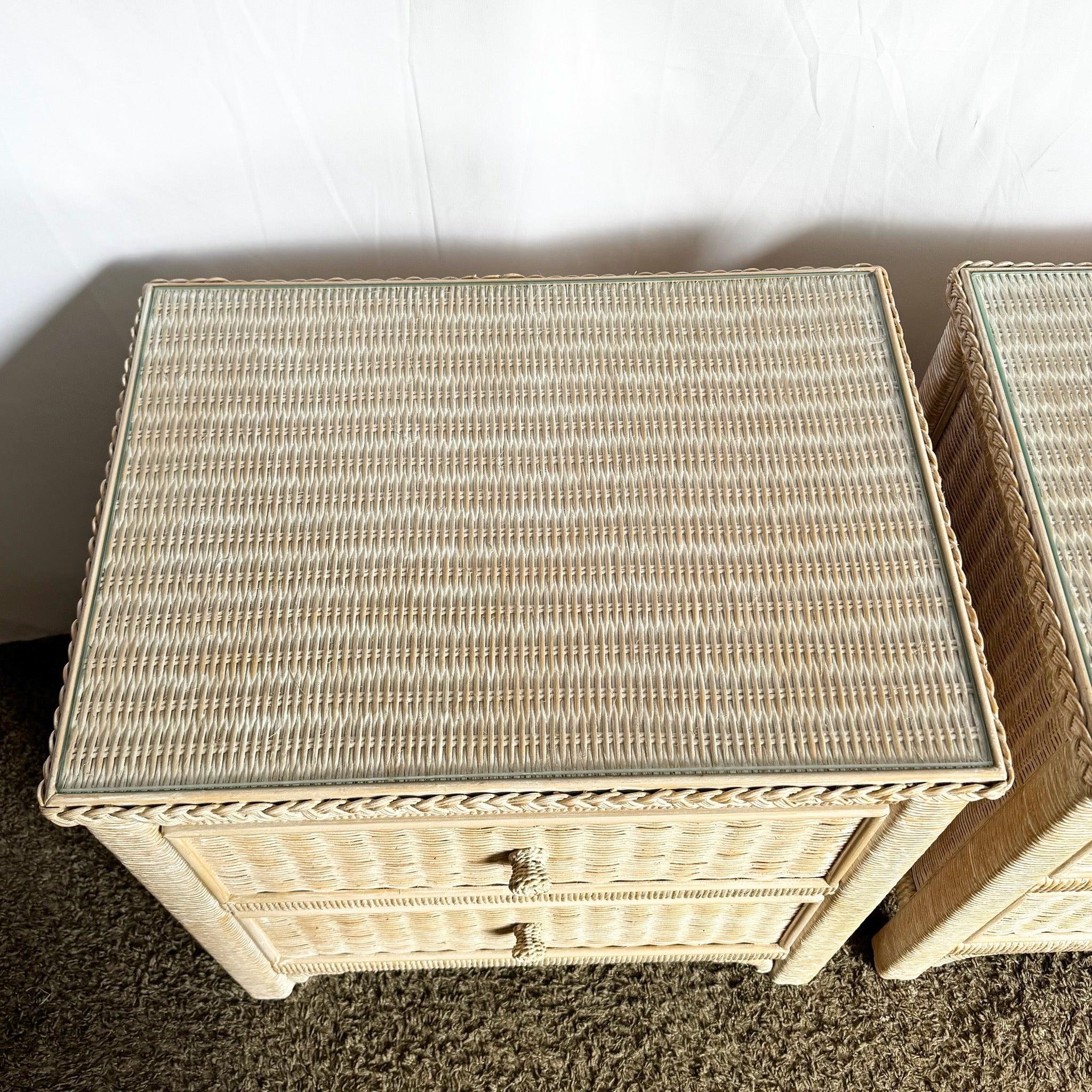 Coastal White Washed Henry Link Wicker Nightstands by Lexington - A Pair For Sale 1