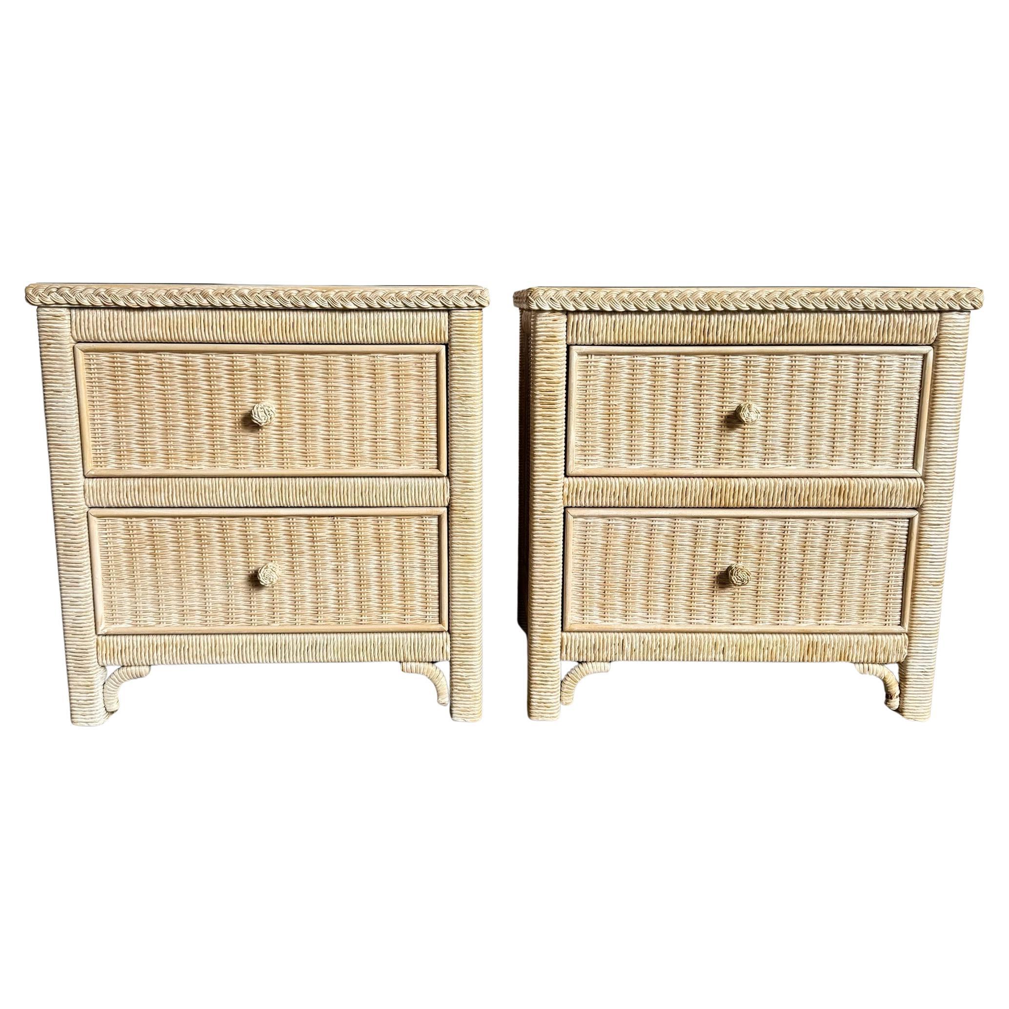 Coastal White Washed Henry Link Wicker Nightstands by Lexington - A Pair For Sale