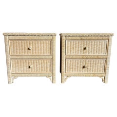 Coastal White Washed Henry Link Wicker Nightstands by Lexington - A Pair