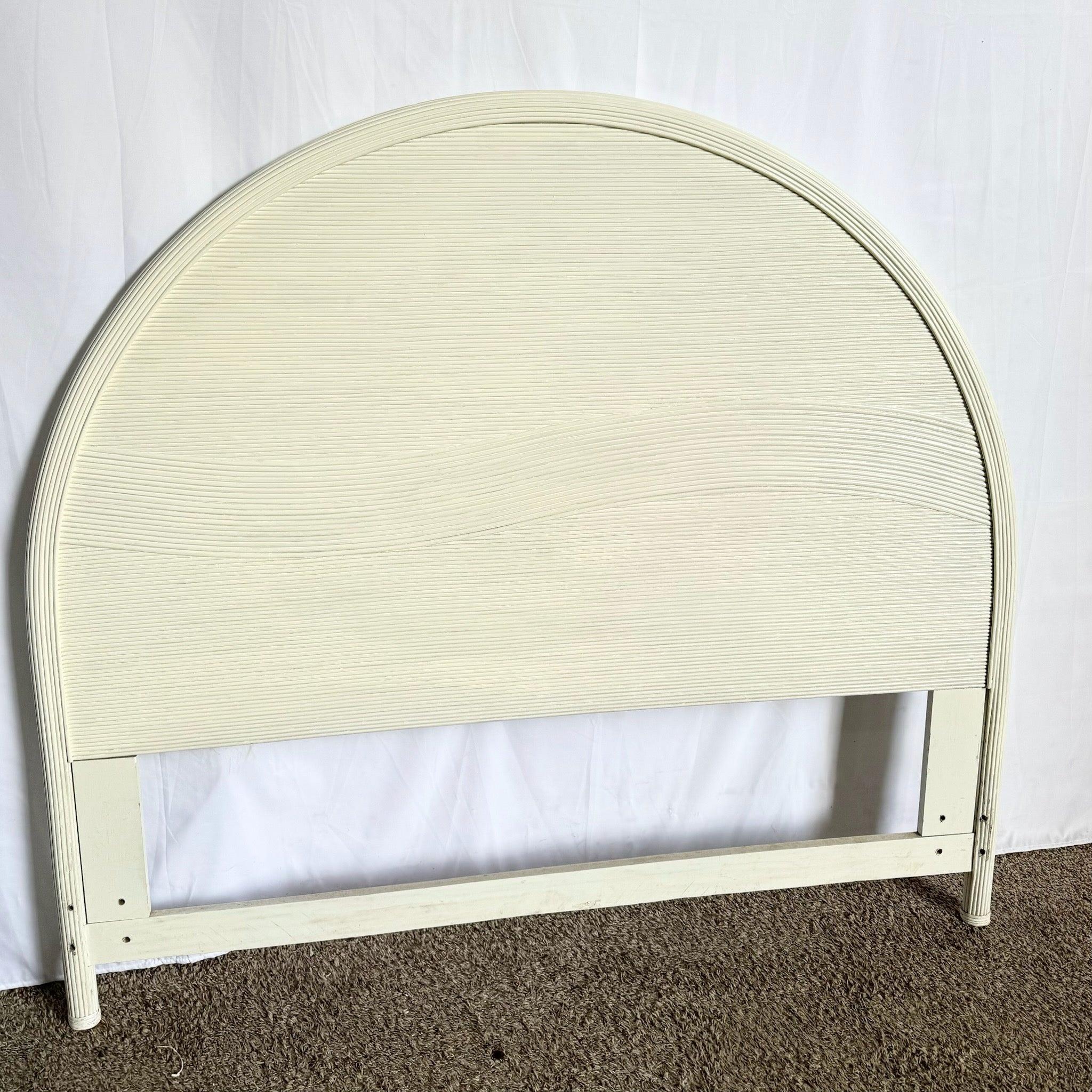 Coastal White Wave Pencil Reed Headboard—sculpted wave motif in handwoven white reed adds seaside elegance to any bedroom.​
 
 We sell items as acquired, without restoring or repairing. Vintage pieces may have age-related wear. Review photos