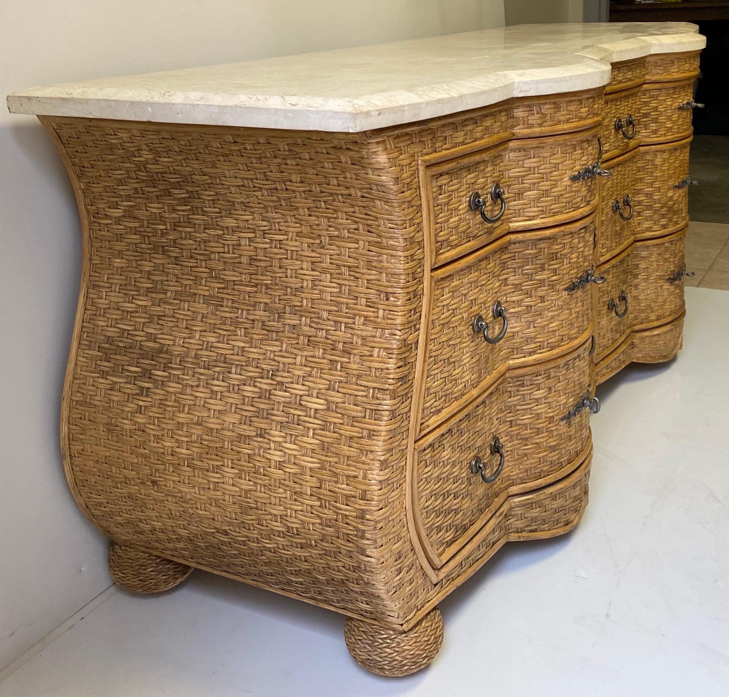 Aesthetic Movement Coastal Wicker Chest by Whitecraft for Woodard Serpentine W/ Travertine Top For Sale