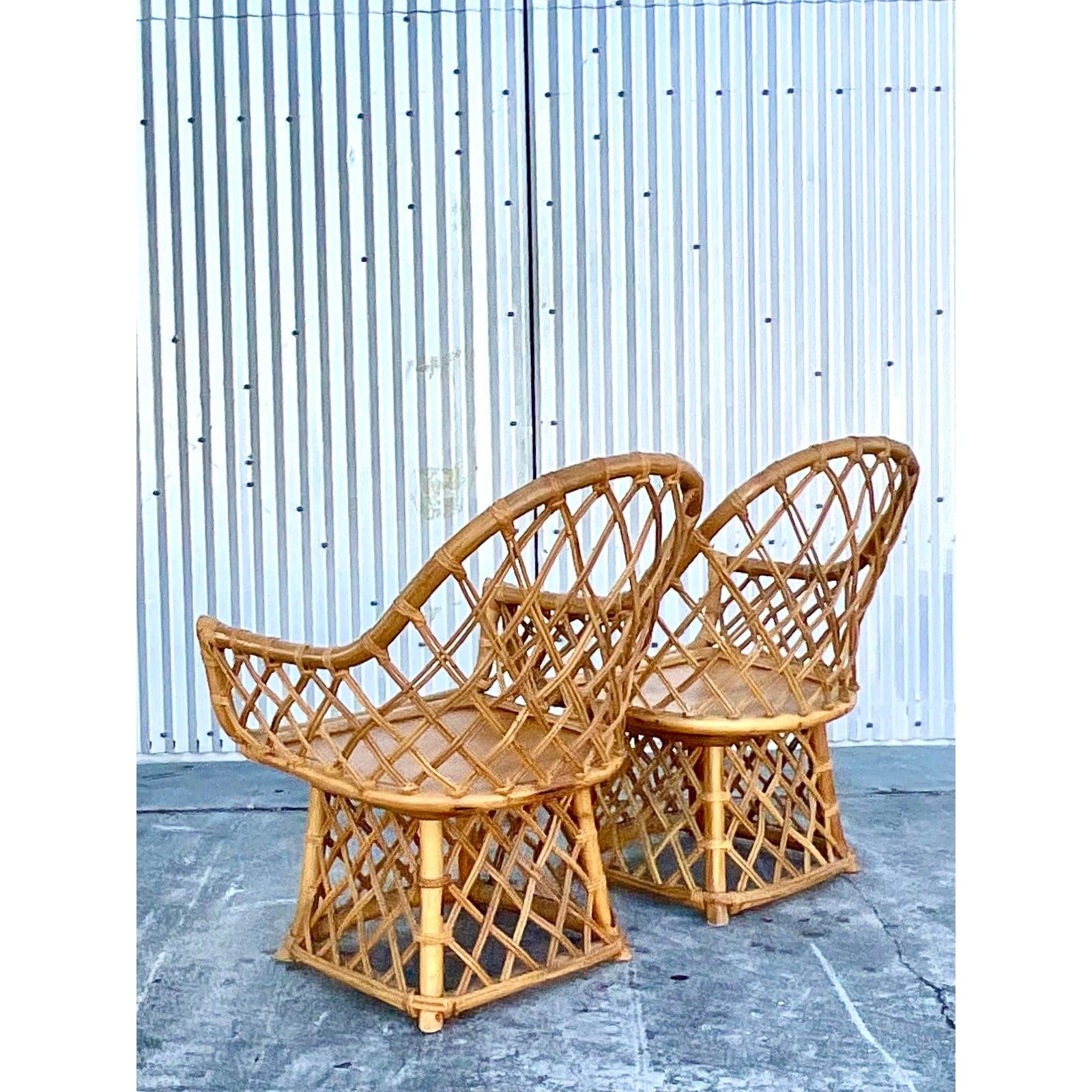 Coastal Willow and Reed Fretwook Rattan Swivel Chairs, a Pair In Good Condition In west palm beach, FL