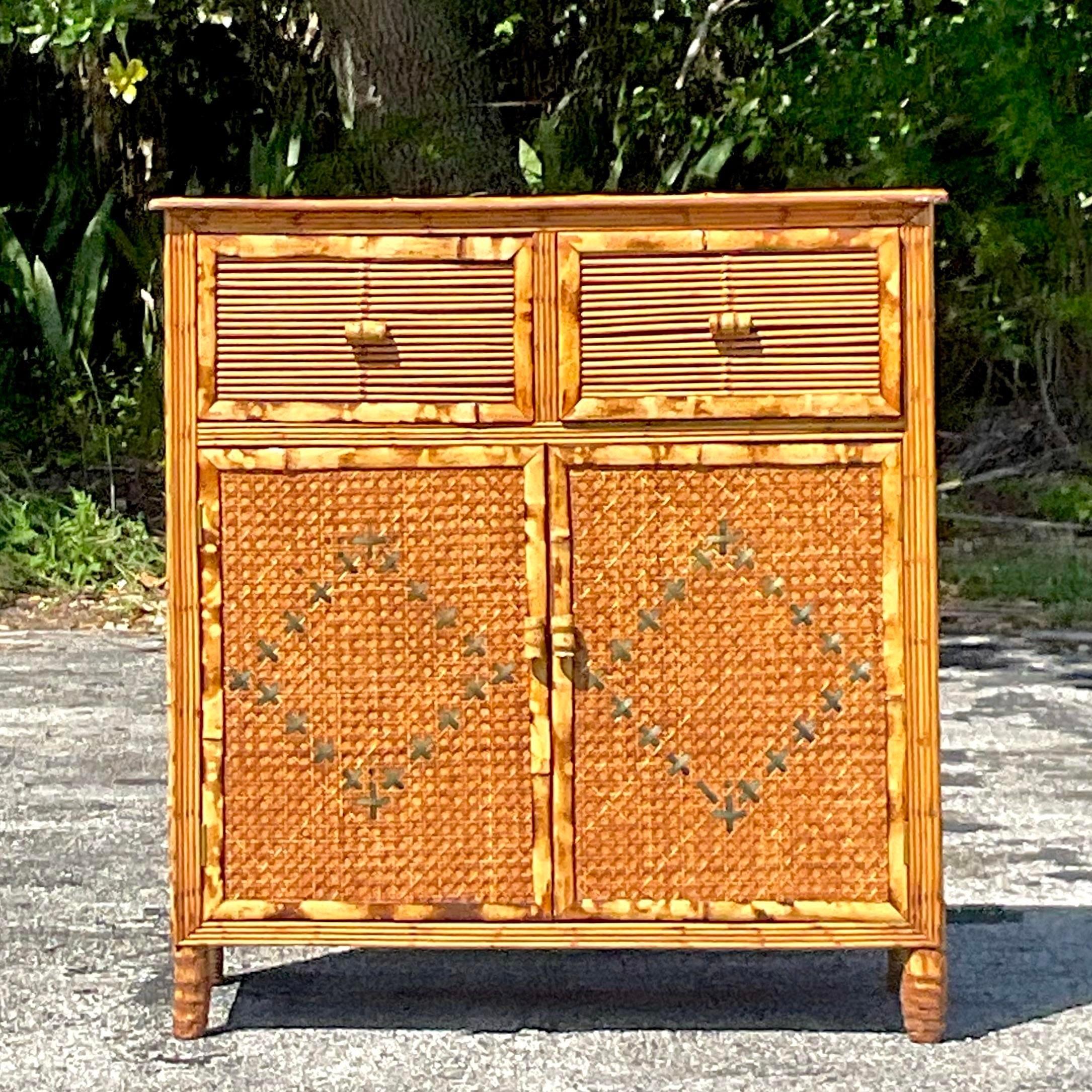 Mid-Century Modern Coastal Woven Rattan Cabinet For Sale