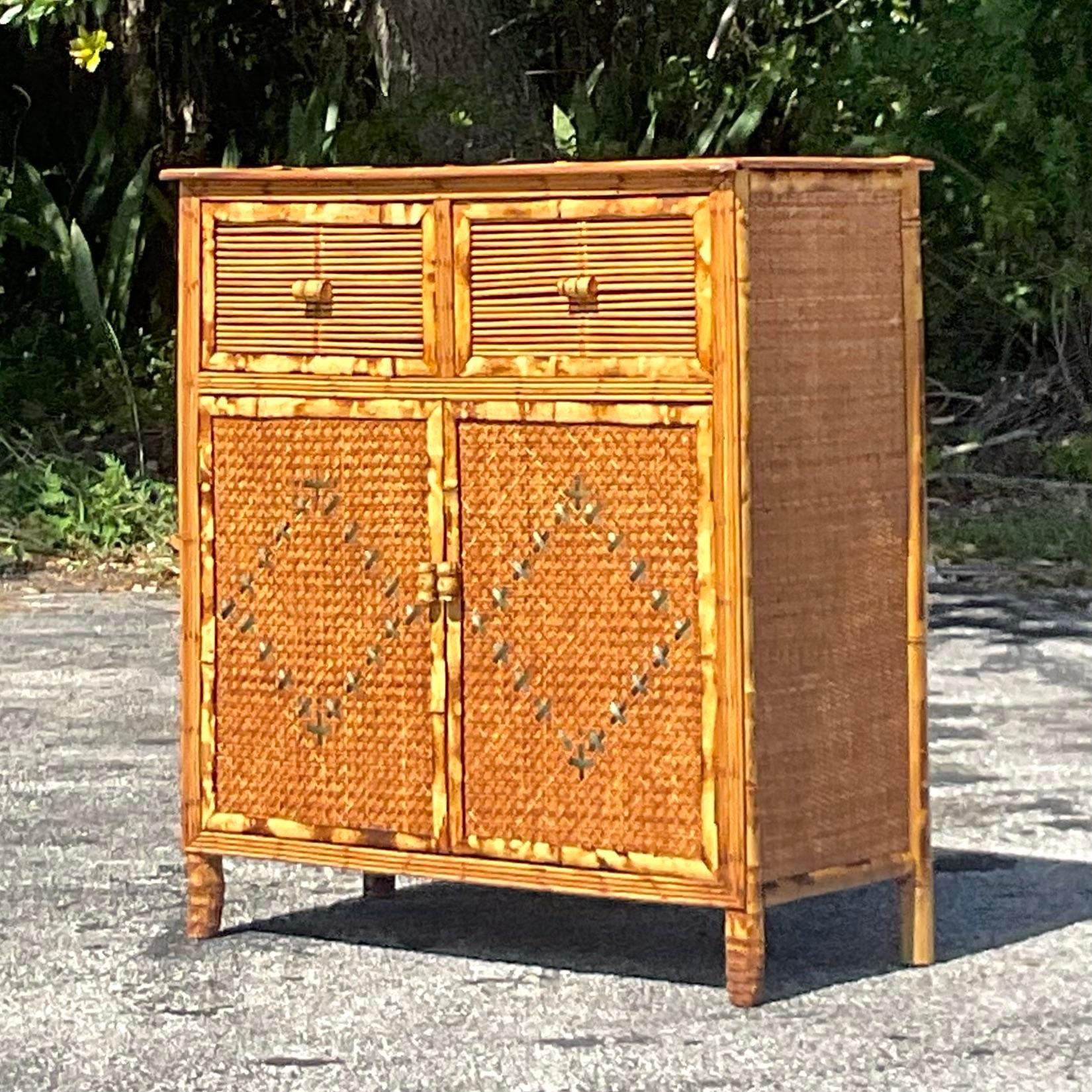 Contemporary Coastal Woven Rattan Cabinet For Sale
