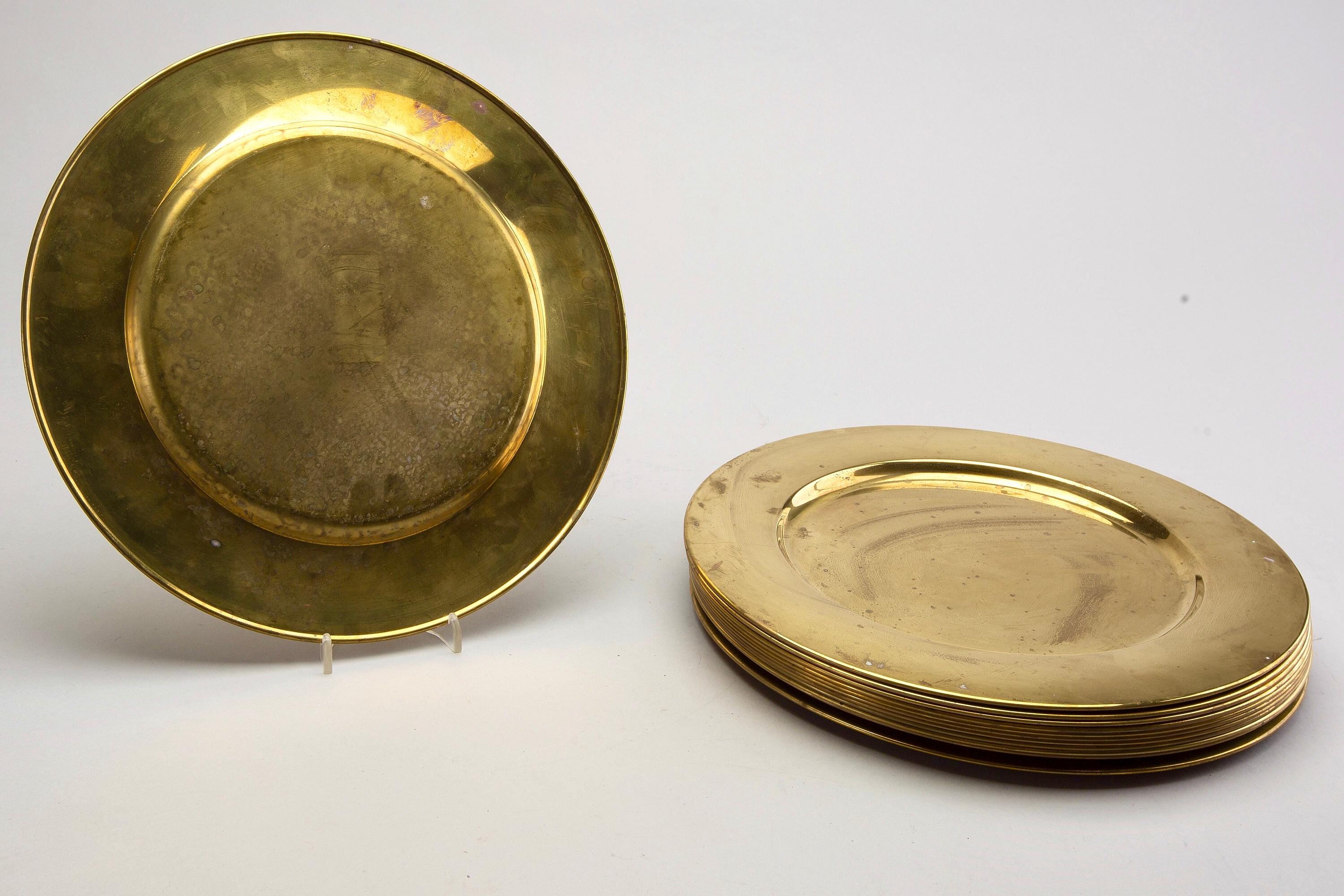 Scandinavian Modern Coaster Dining Brass Plates Produced by Stelton in Denmark, Set of 12 For Sale