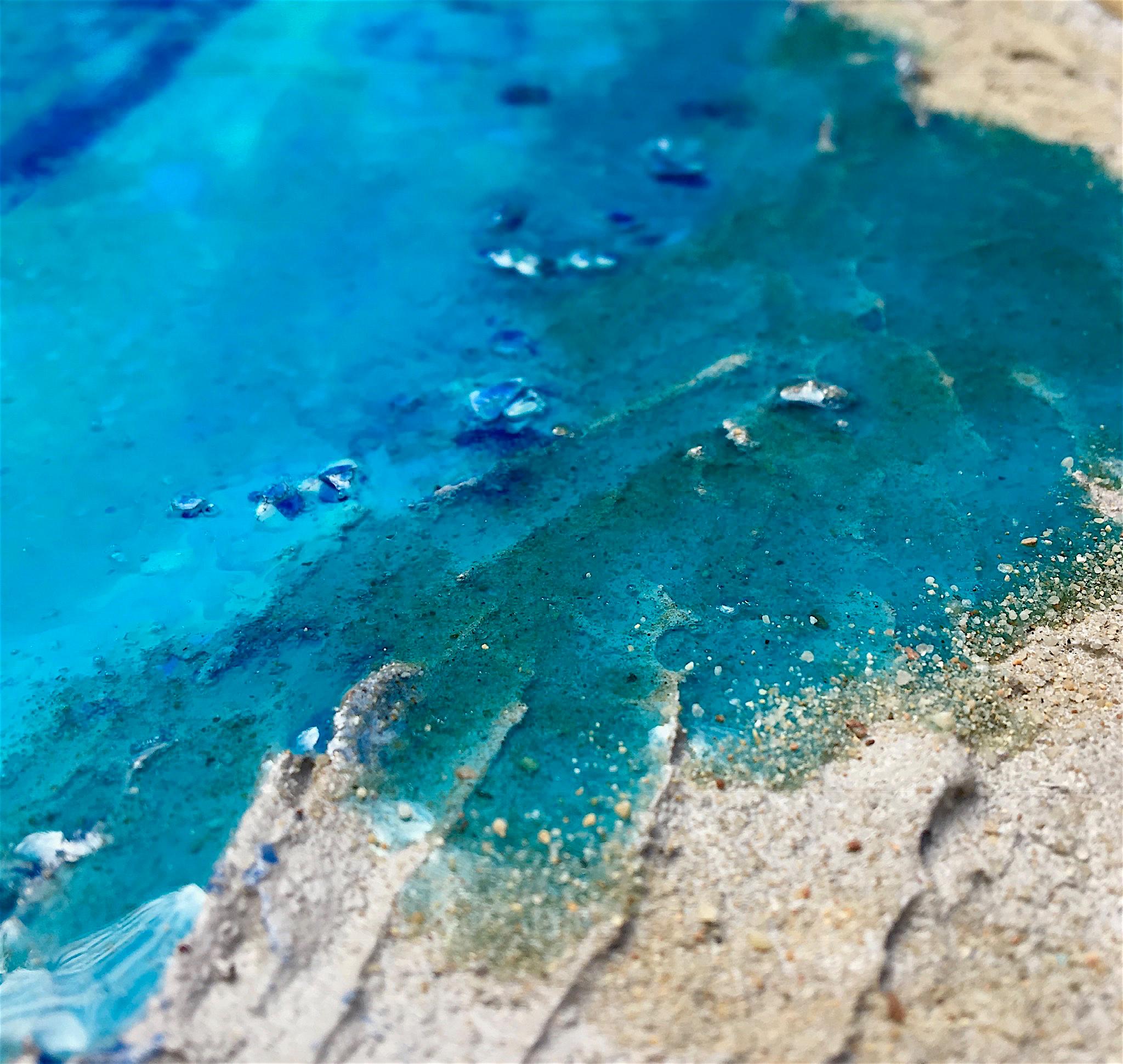 Abstract painting and resin on canvas with heavy texture. 
Acrylic, resin and varnish for protection.
Colours: Blue, Beige and Green.
This painting is called Coastline 1 and numbered 247.
Original and signed by the artist, comes with gallery