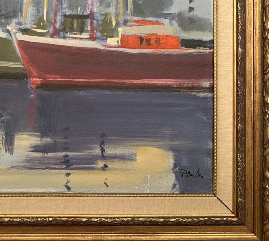 Art Deco Coastline Landscape for a Boats Oil Painting  For Sale