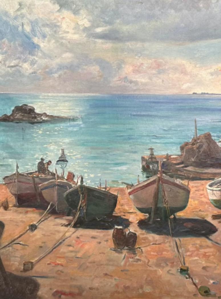 Art Deco Coastline Landscape Italian Oil Painting For Sale