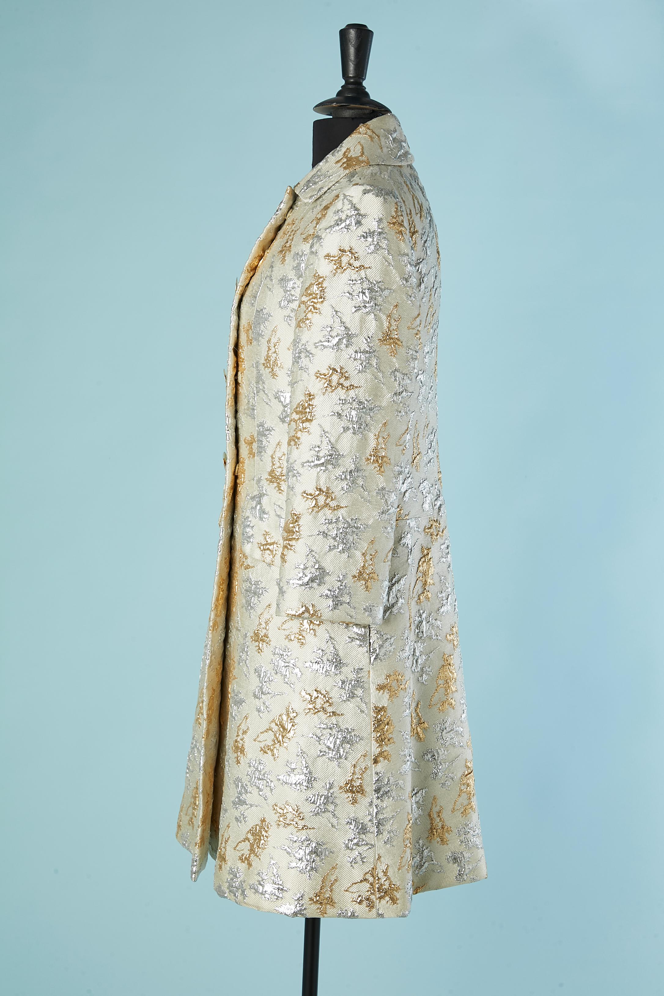 Women's Coat and dress silver and gold brocade ensemble Circa 1960's For Sale