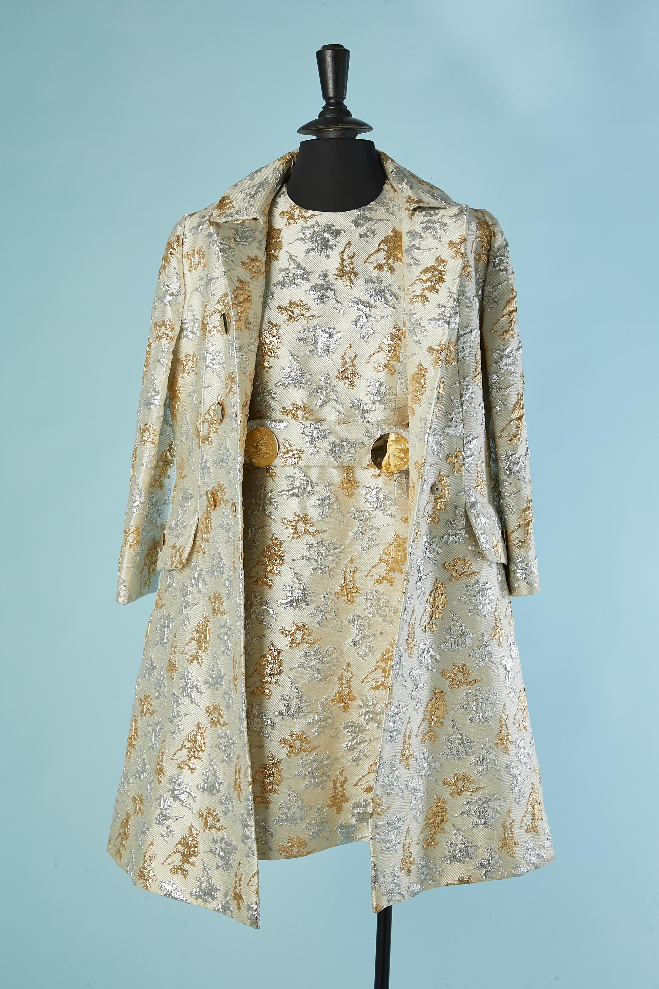 Coat and dress silver and gold brocade ensemble Circa 1960's For Sale 2