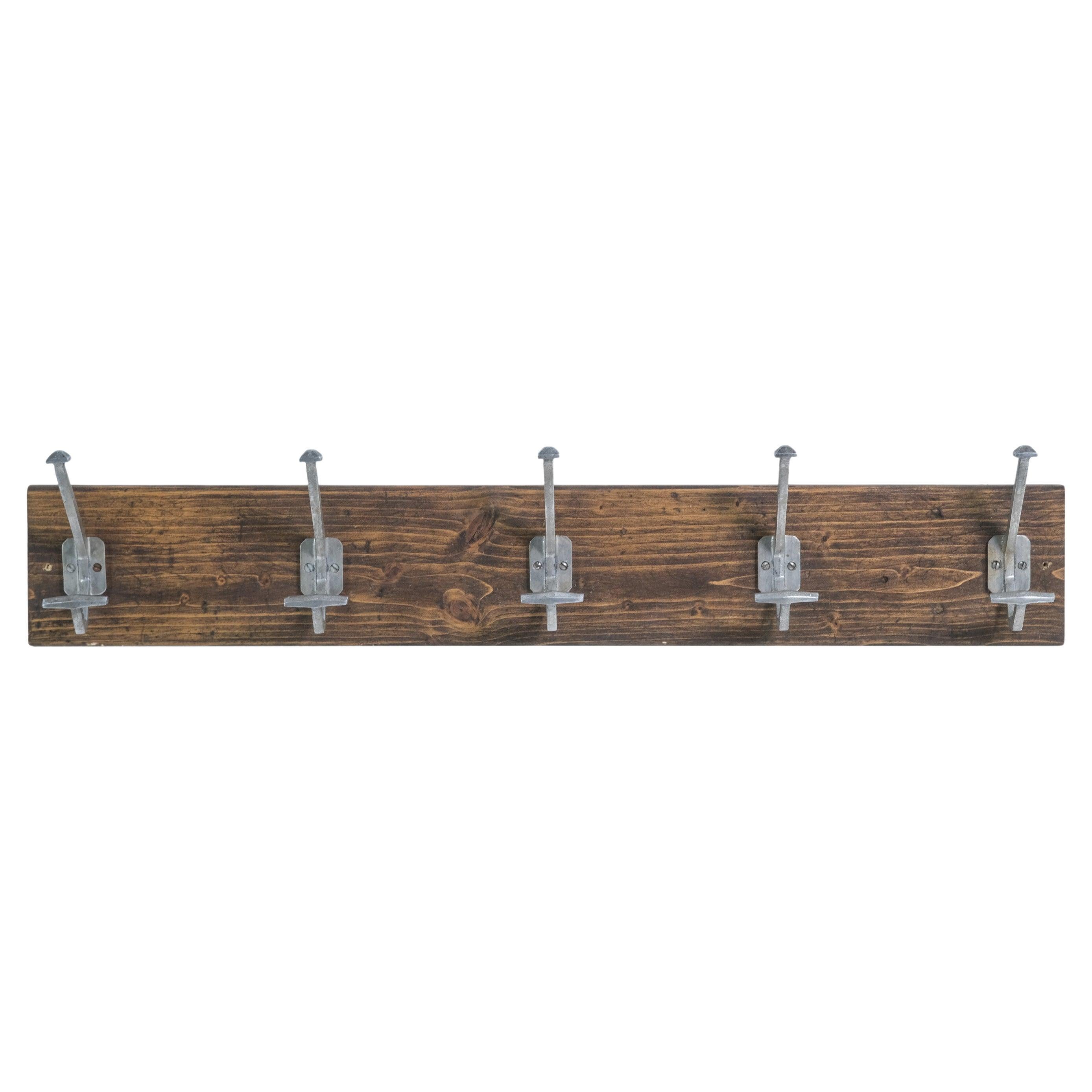 Coat and Hat Rack Mounted on Wood 5 Aluminum Hooks For Sale