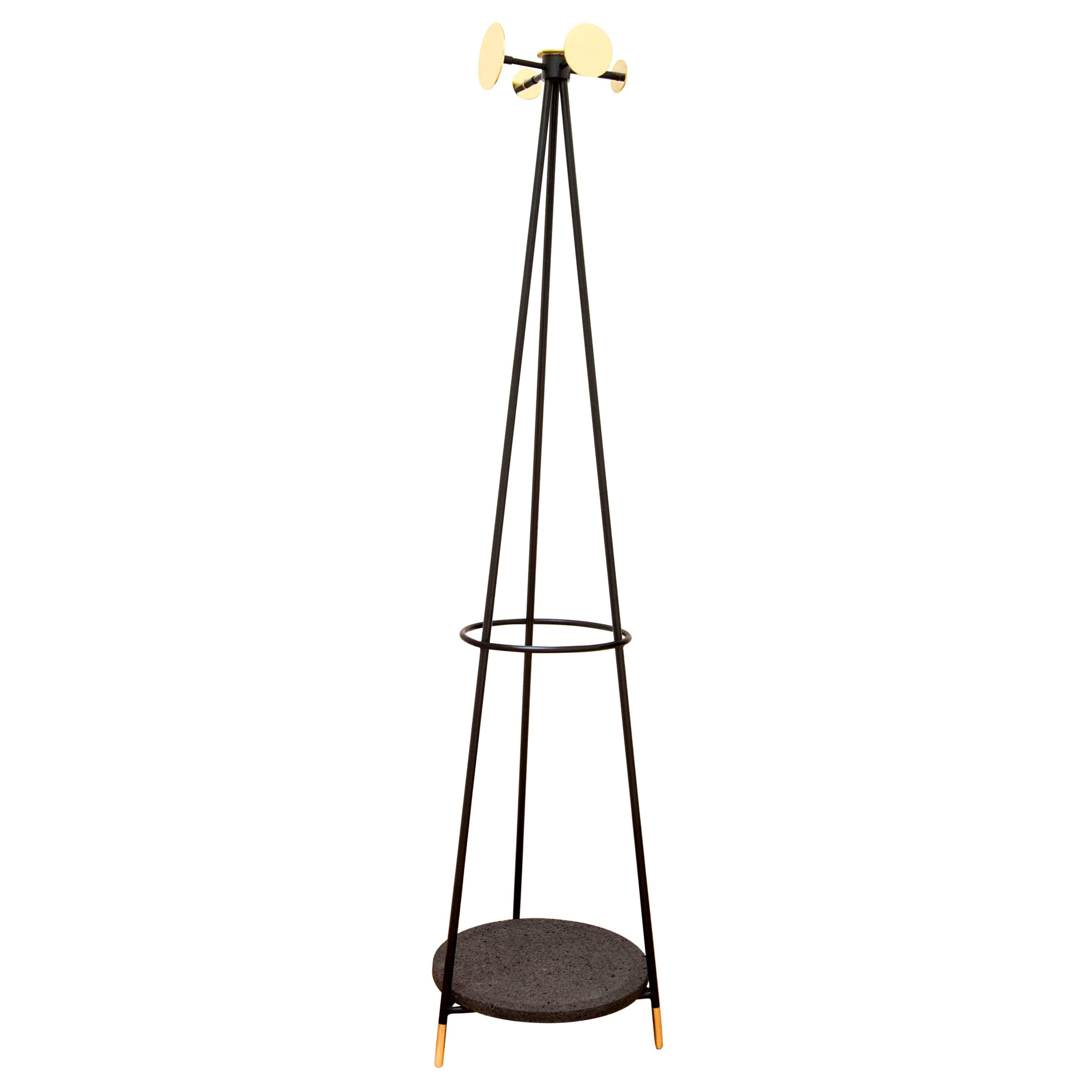 Hand-Carved Coat and Umbrella Stand, Brass and Metal, Contemporary Mexican Design For Sale