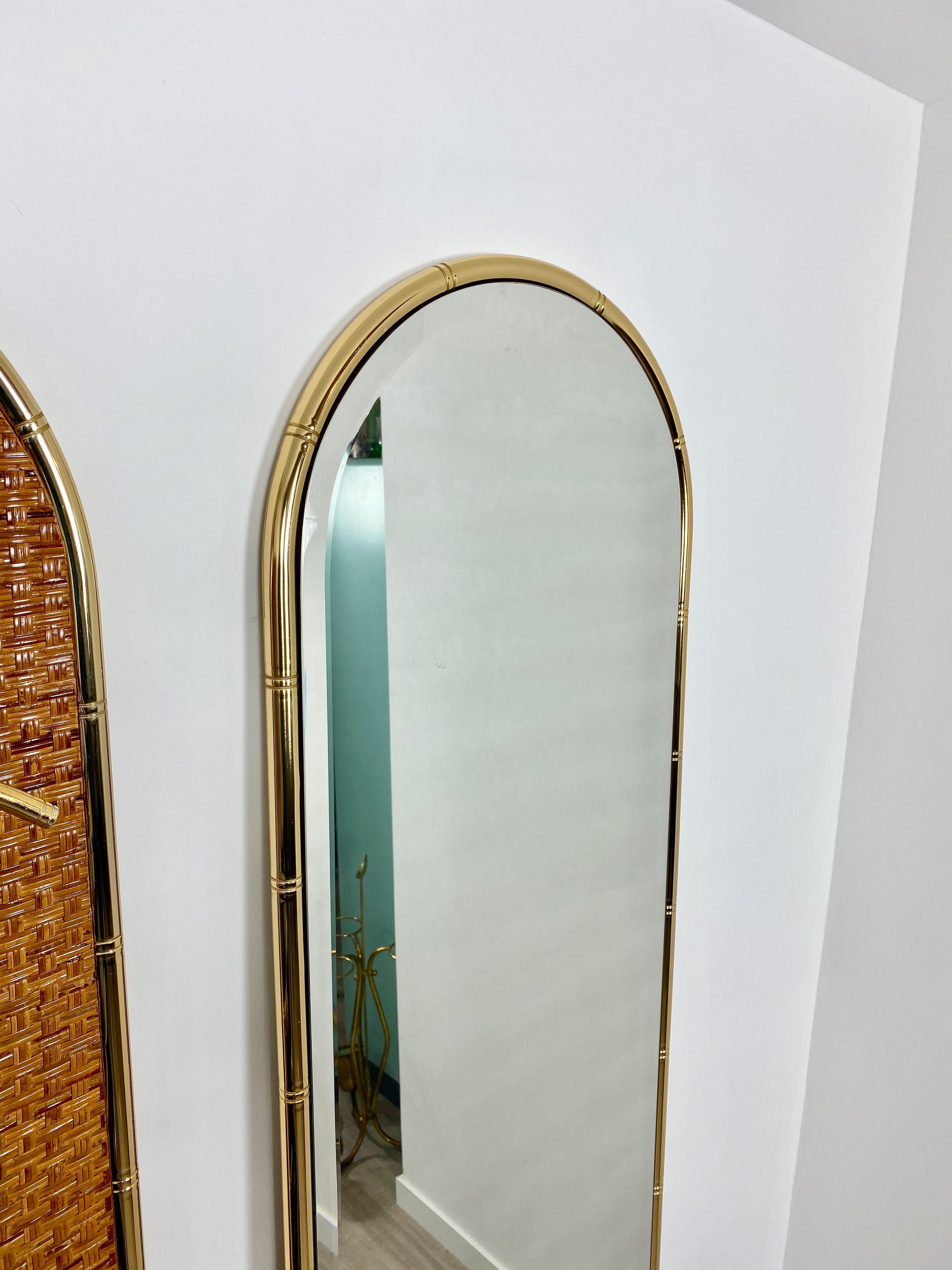 Mid-Century Modern Coat Hanger and Mirror, Rattan and Golden Metal, 1960s For Sale
