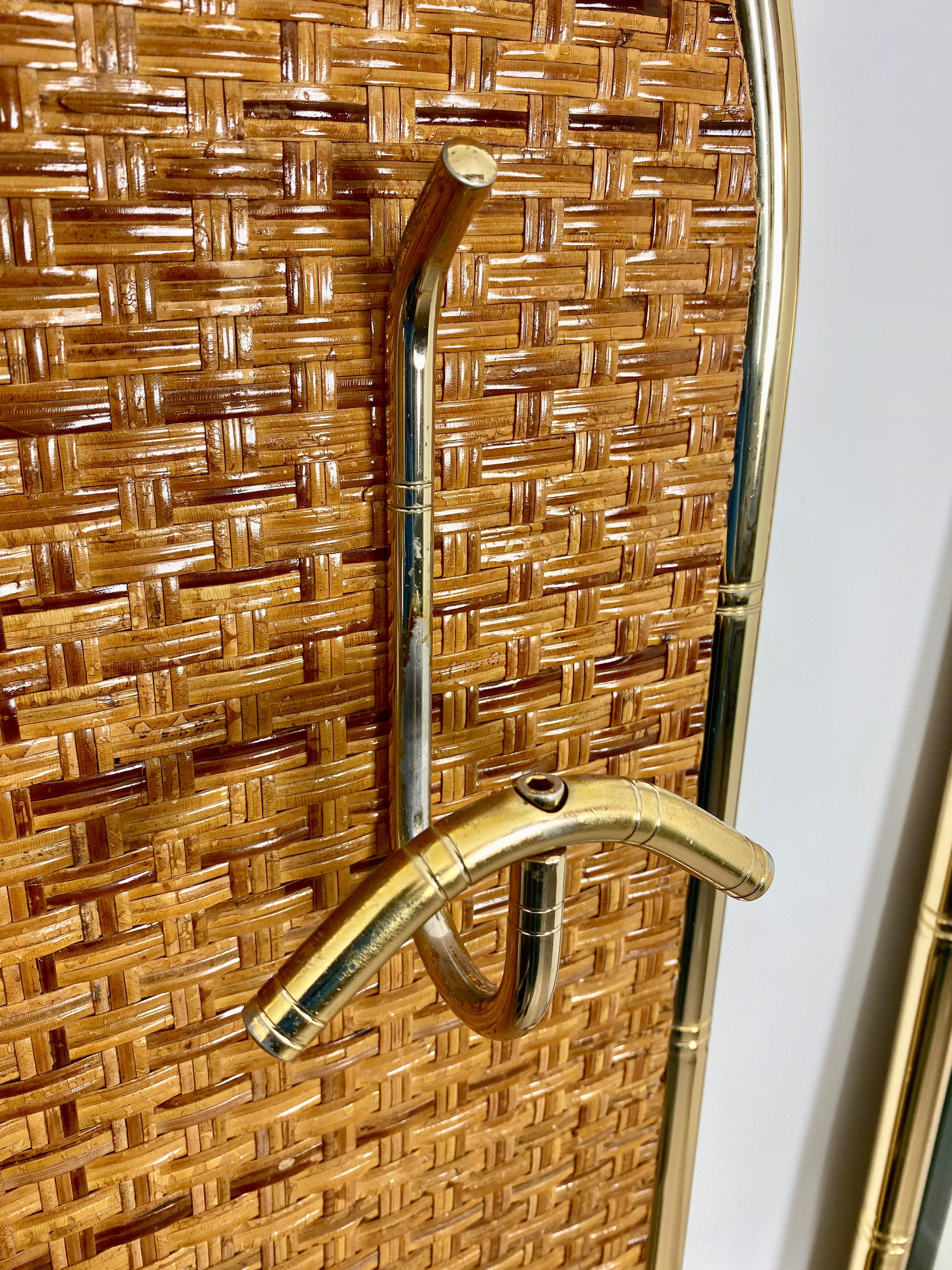 Mid-20th Century Coat Hanger and Mirror, Rattan and Golden Metal, 1960s For Sale