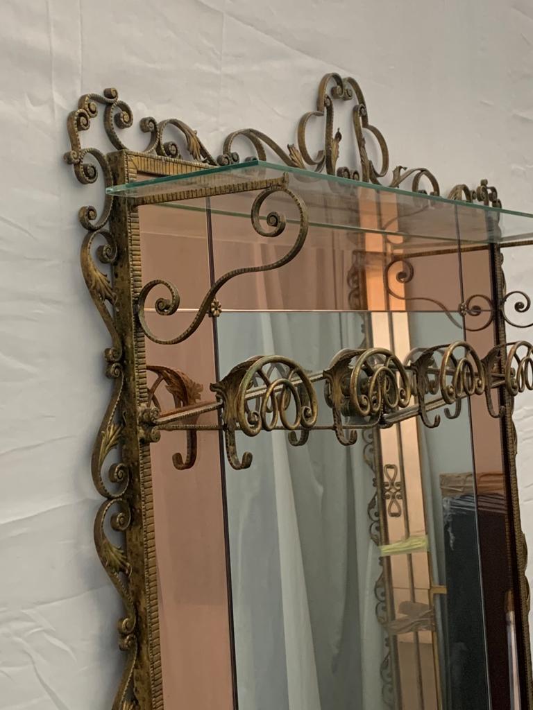 Italian Coat Hanger with Mirror and Glass Wrought Iron Shelf by Pierluigi Colli, 1950s For Sale