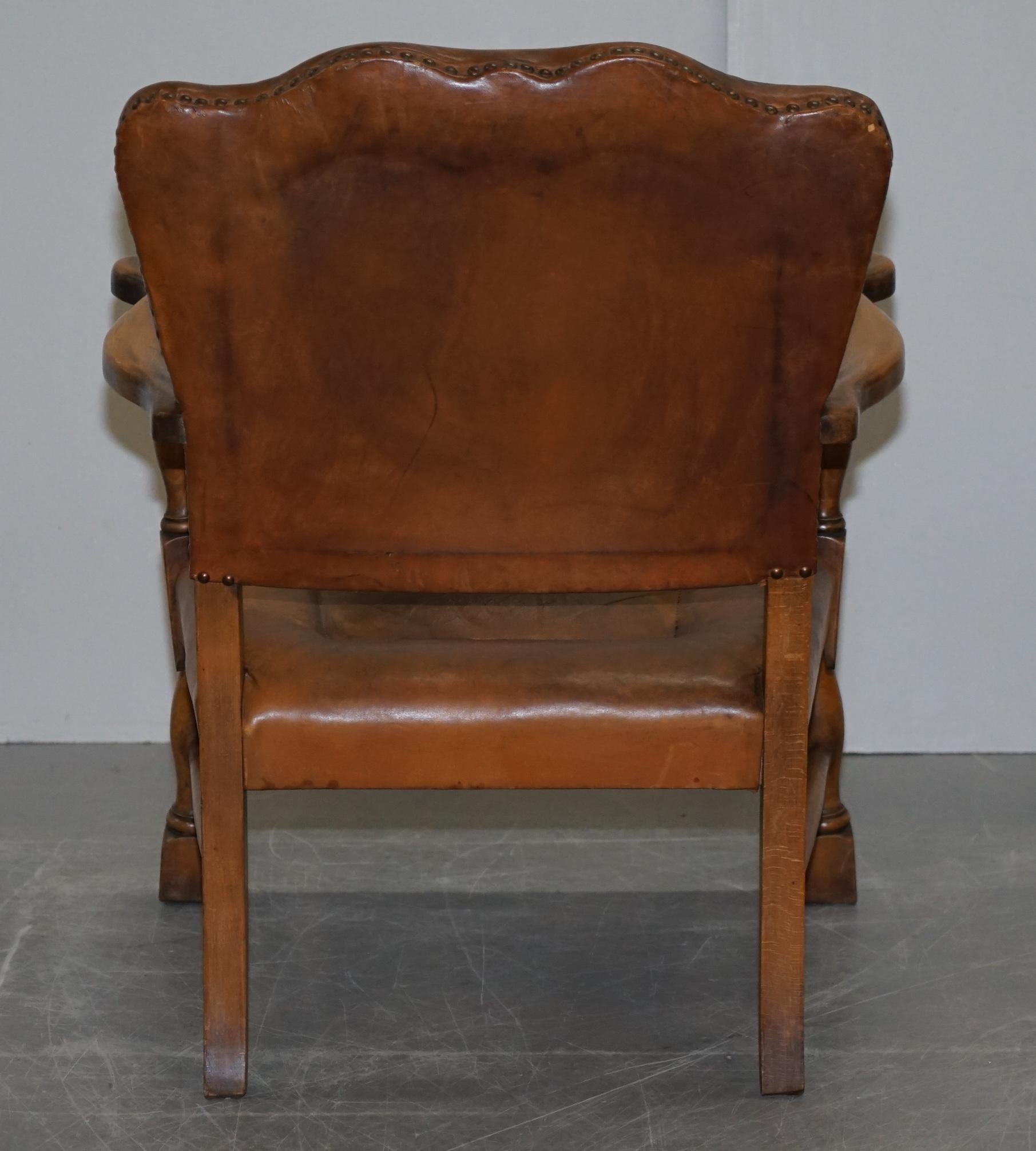 Coat of Arms Armorial Crest Edwardian Oak & Brown Leather Smart Club Armchairs 6