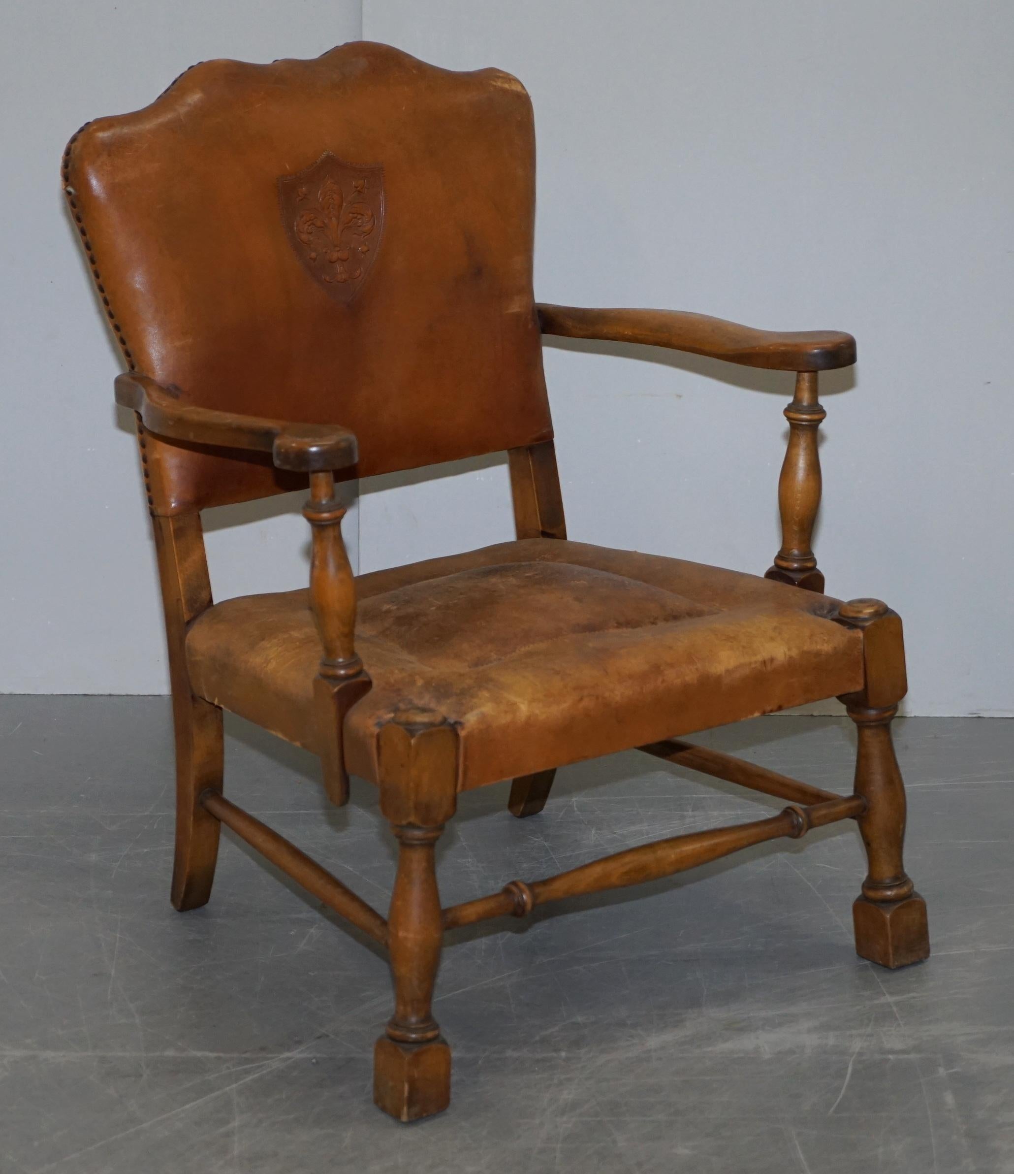 Coat of Arms Armorial Crest Edwardian Oak & Brown Leather Smart Club Armchairs 8