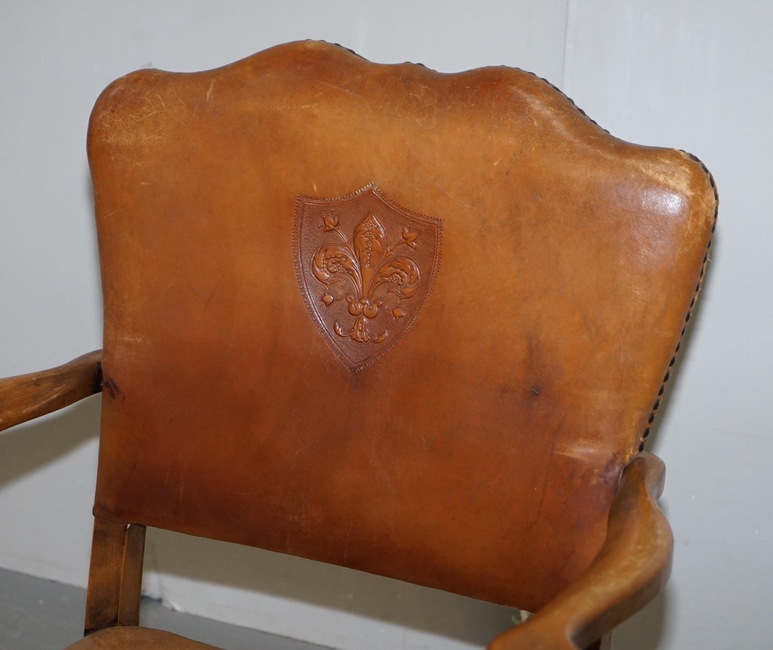 Coat of Arms Armorial Crest Edwardian Oak & Brown Leather Smart Club Armchairs 10