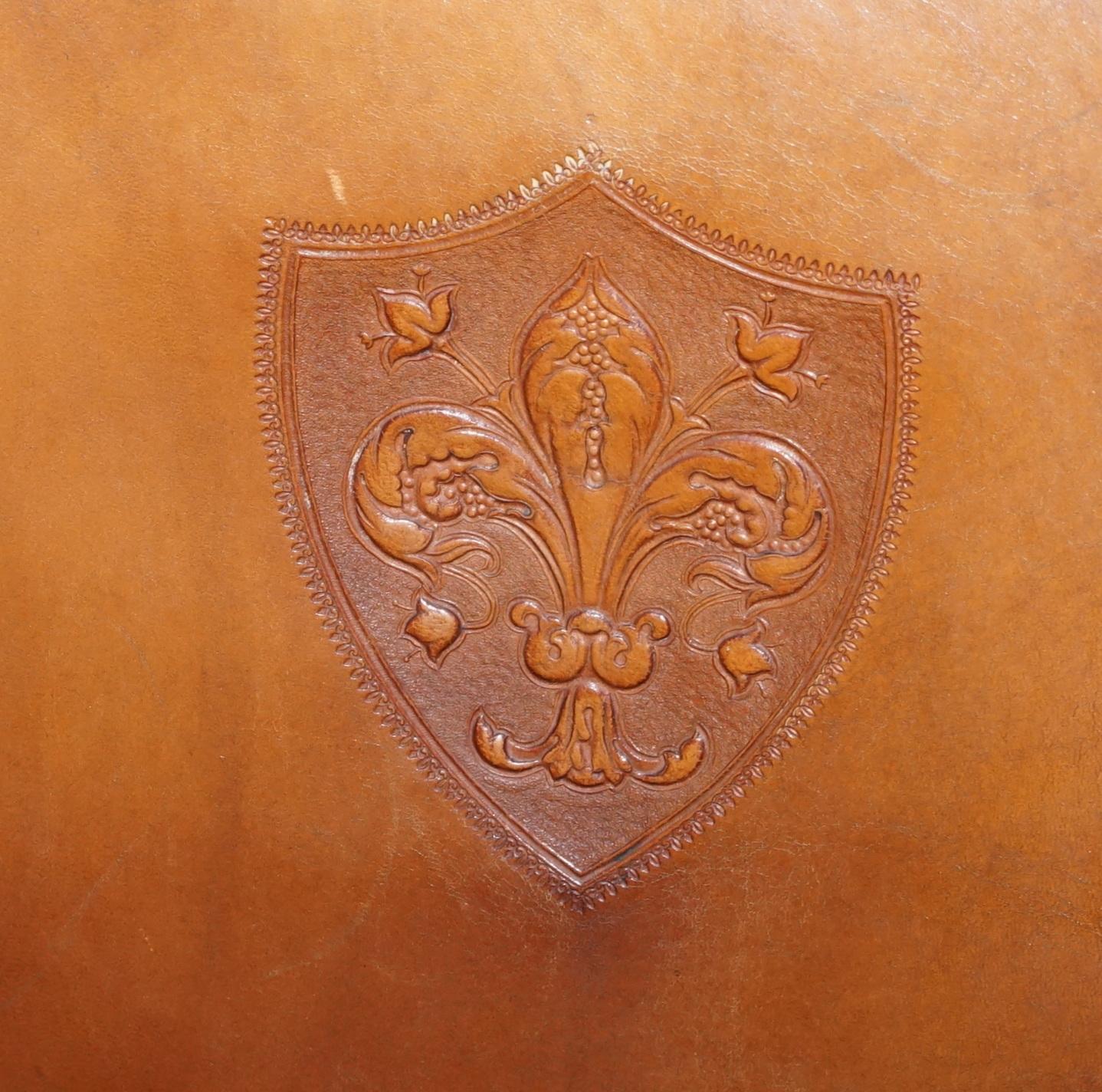 Coat of Arms Armorial Crest Edwardian Oak & Brown Leather Smart Club Armchairs 11
