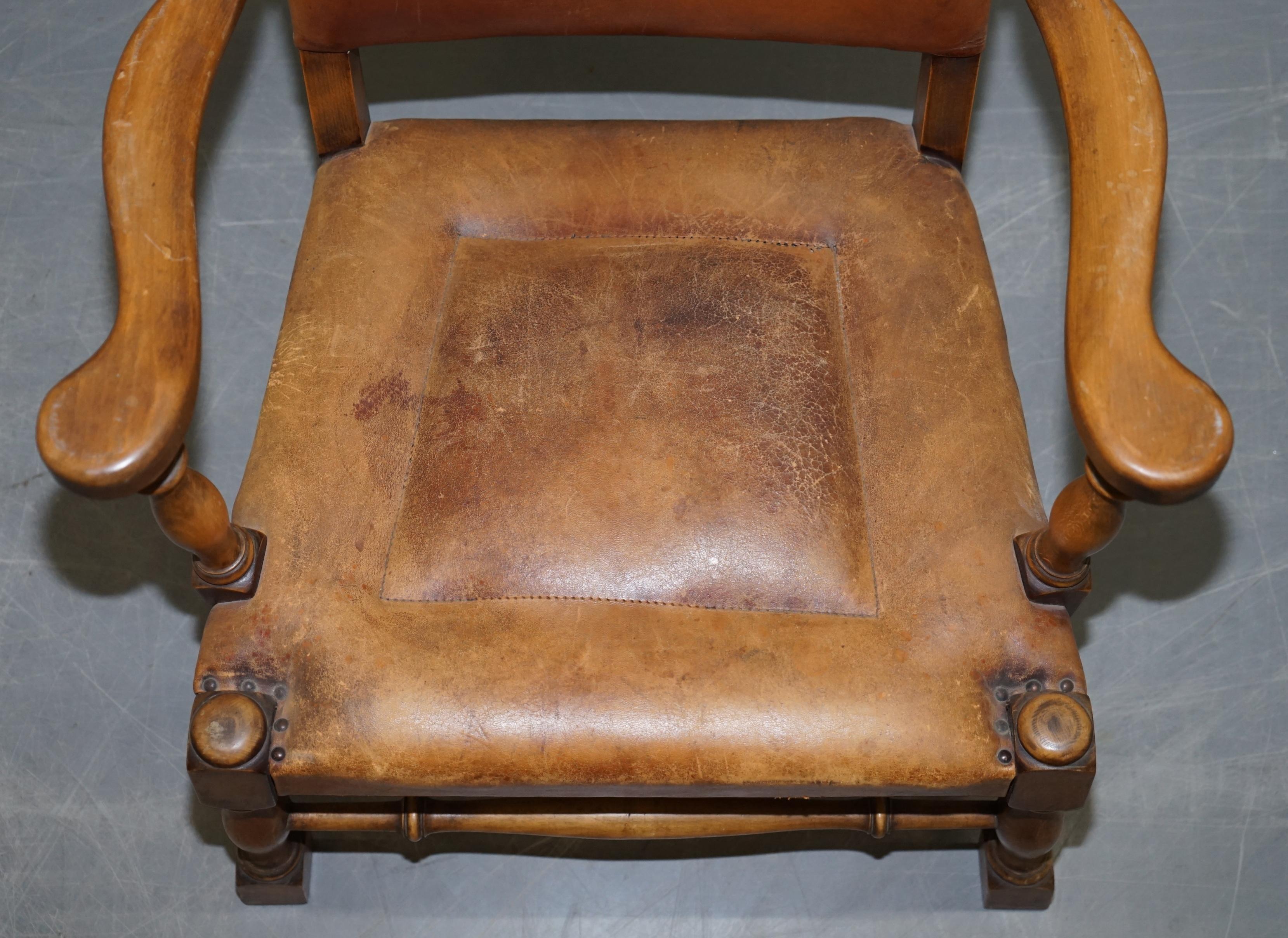 Coat of Arms Armorial Crest Edwardian Oak & Brown Leather Smart Club Armchairs 12