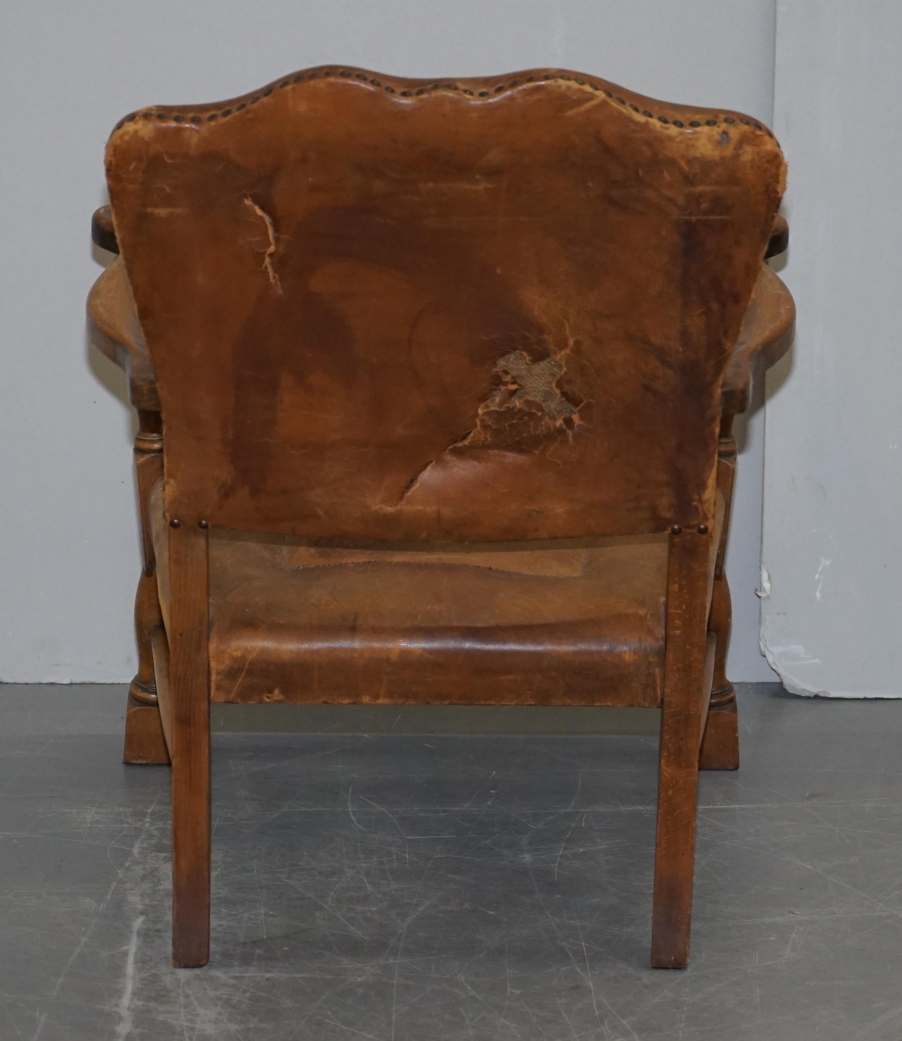 Coat of Arms Armorial Crest Edwardian Oak & Brown Leather Smart Club Armchairs 13