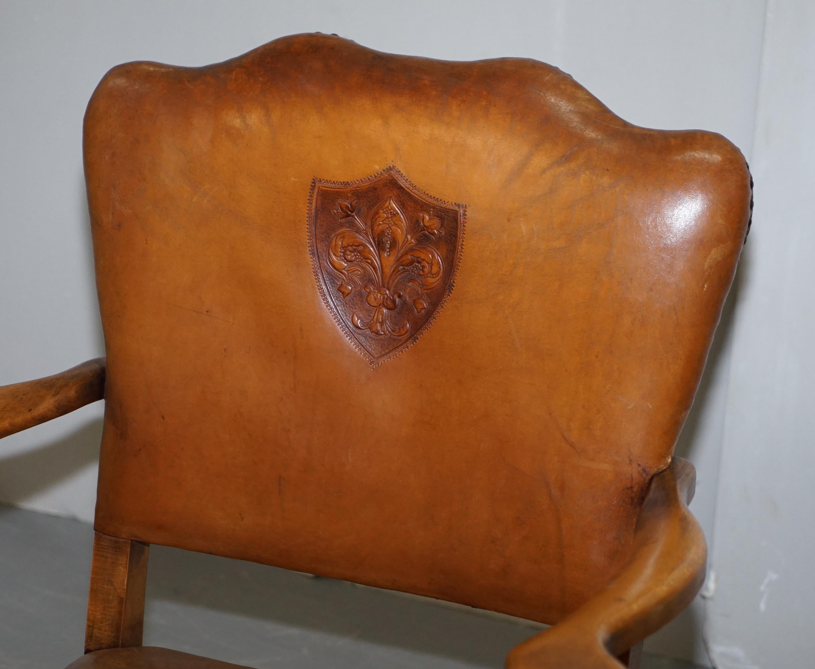Hand-Carved Coat of Arms Armorial Crest Edwardian Oak & Brown Leather Smart Club Armchairs