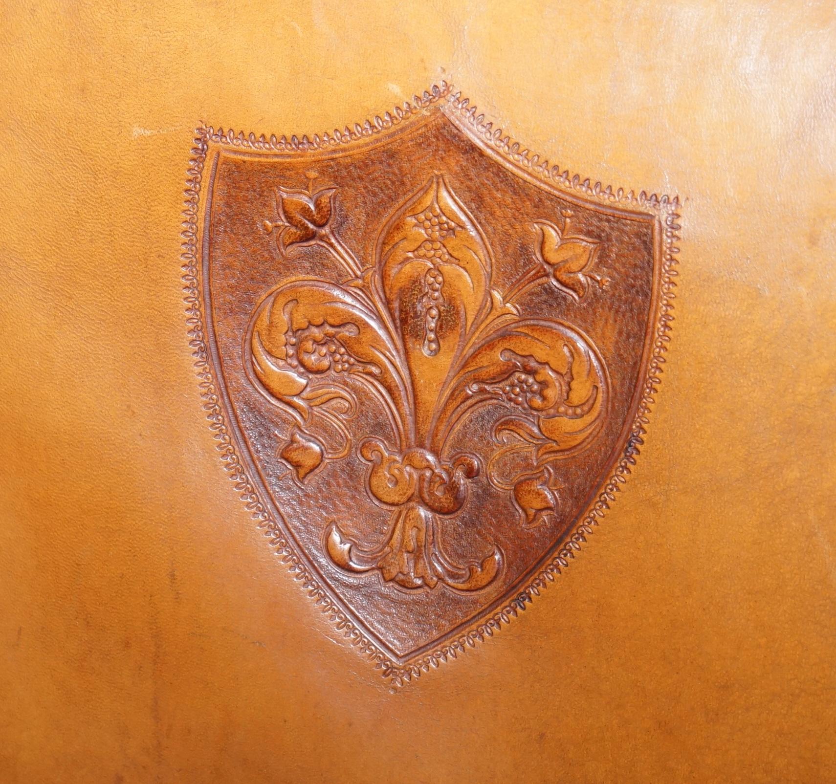 20th Century Coat of Arms Armorial Crest Edwardian Oak & Brown Leather Smart Club Armchairs
