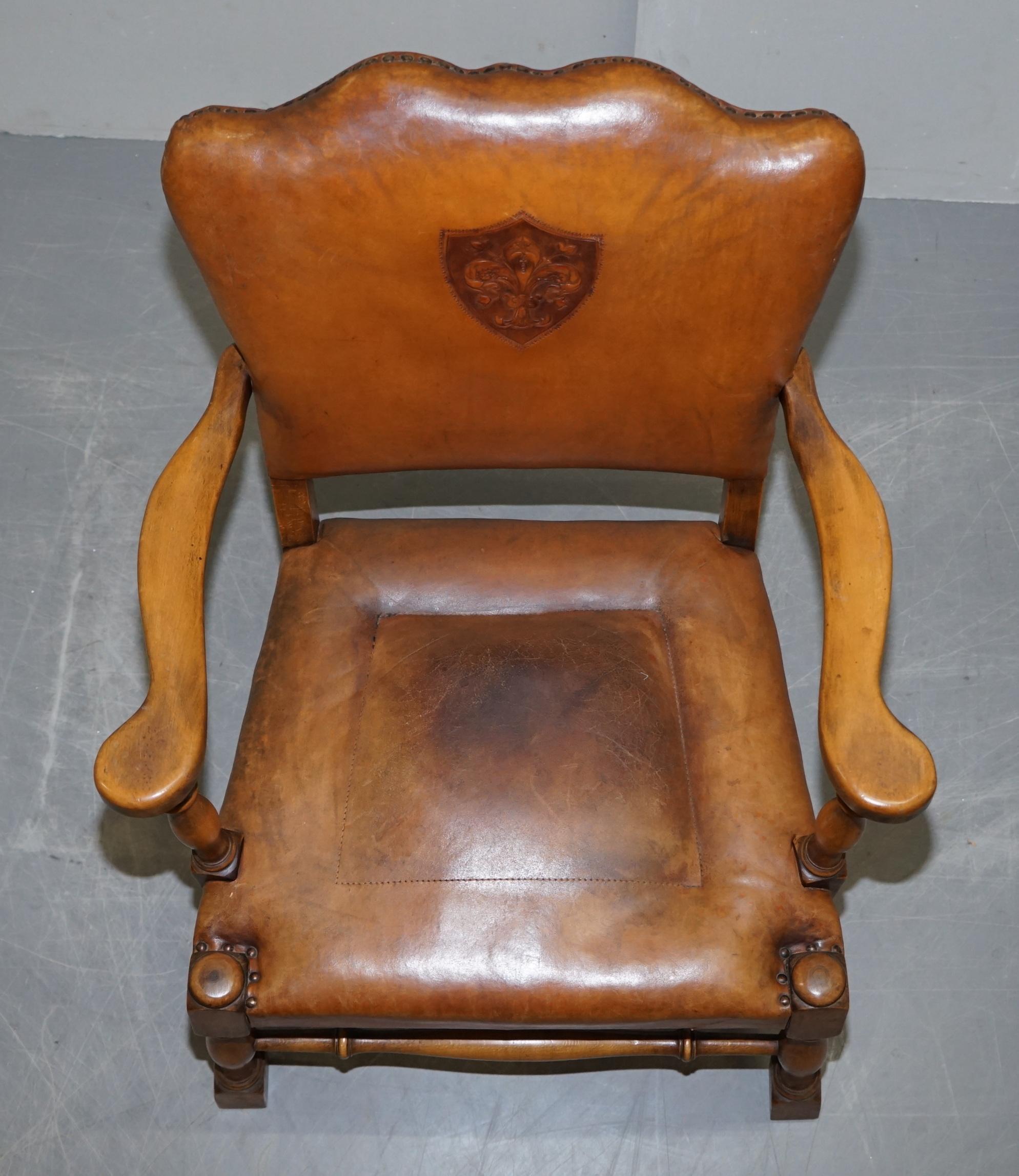 Coat of Arms Armorial Crest Edwardian Oak & Brown Leather Smart Club Armchairs 2