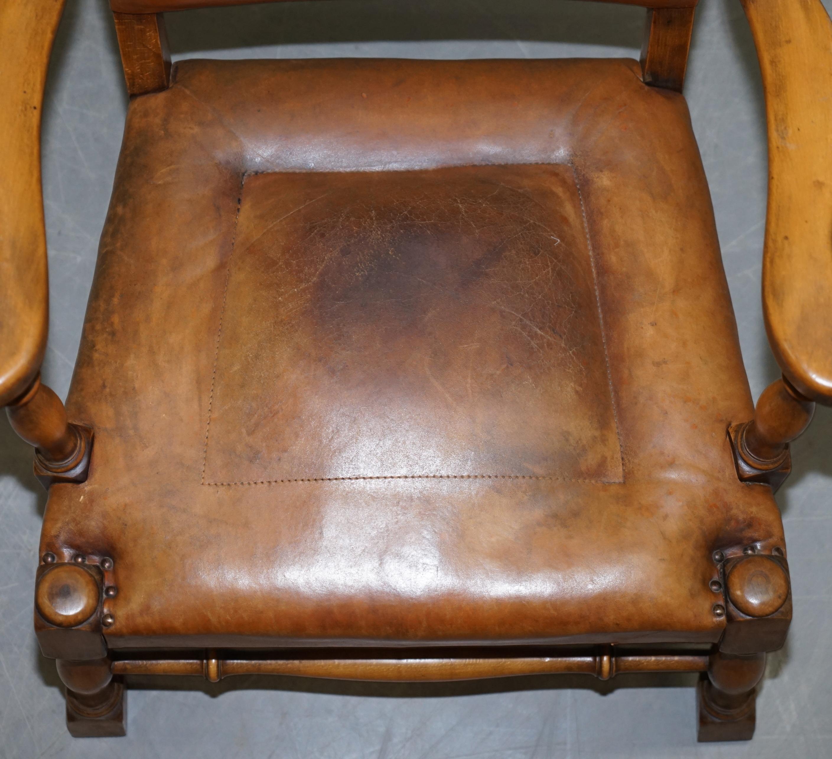 Coat of Arms Armorial Crest Edwardian Oak & Brown Leather Smart Club Armchairs 3