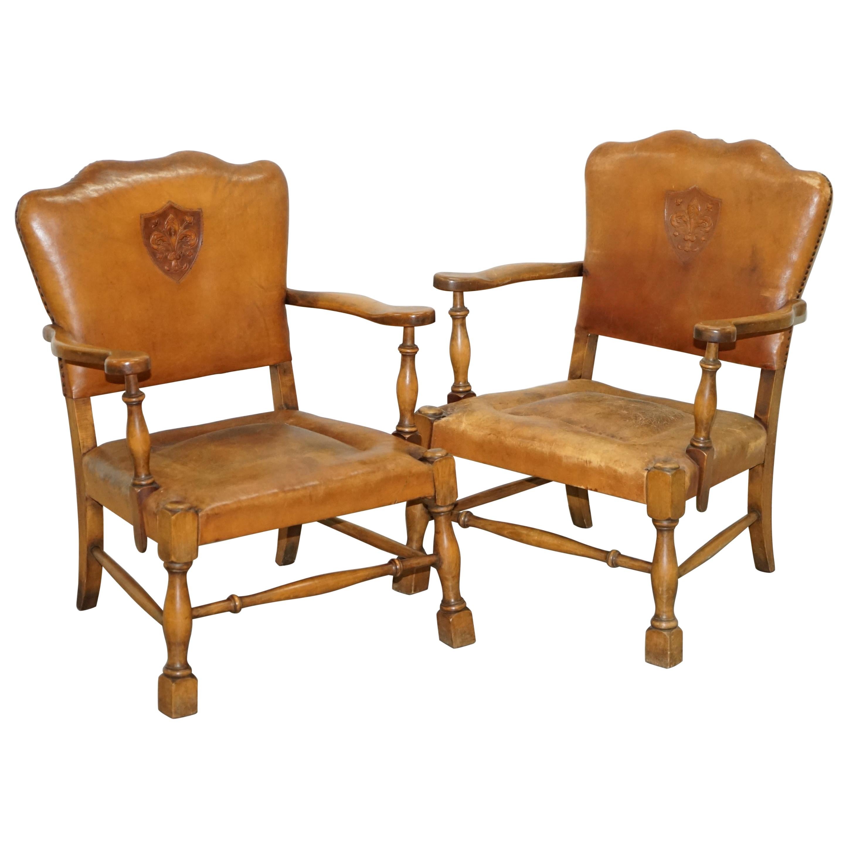 Coat of Arms Armorial Crest Edwardian Oak & Brown Leather Smart Club Armchairs