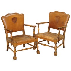 Vintage Coat of Arms Armorial Crest Edwardian Oak & Brown Leather Smart Club Armchairs