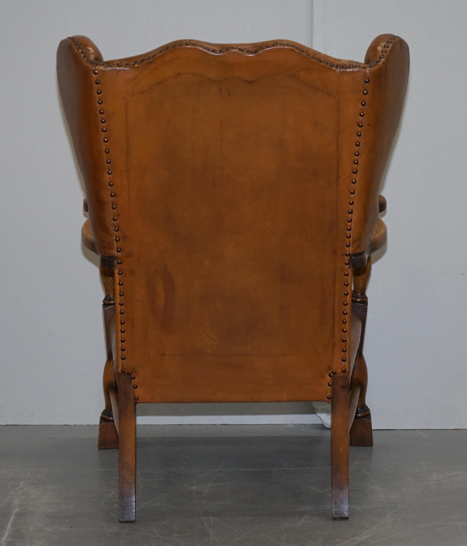 Coat of Arms Armorial Crest Edwardian Oak and Brown Leather Wingback Armchairs 6