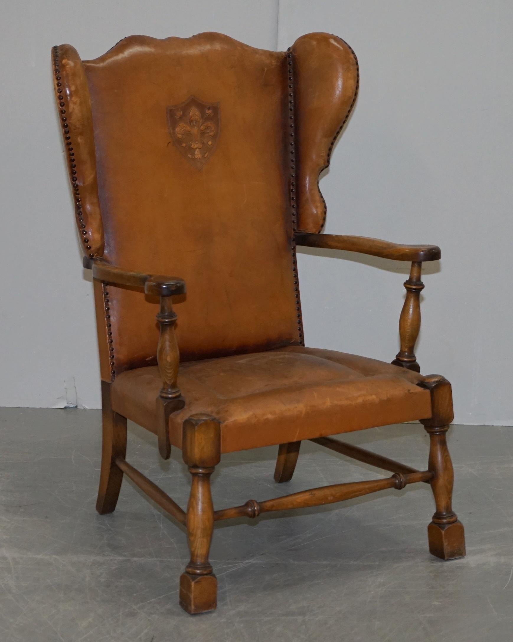 Coat of Arms Armorial Crest Edwardian Oak and Brown Leather Wingback Armchairs 7