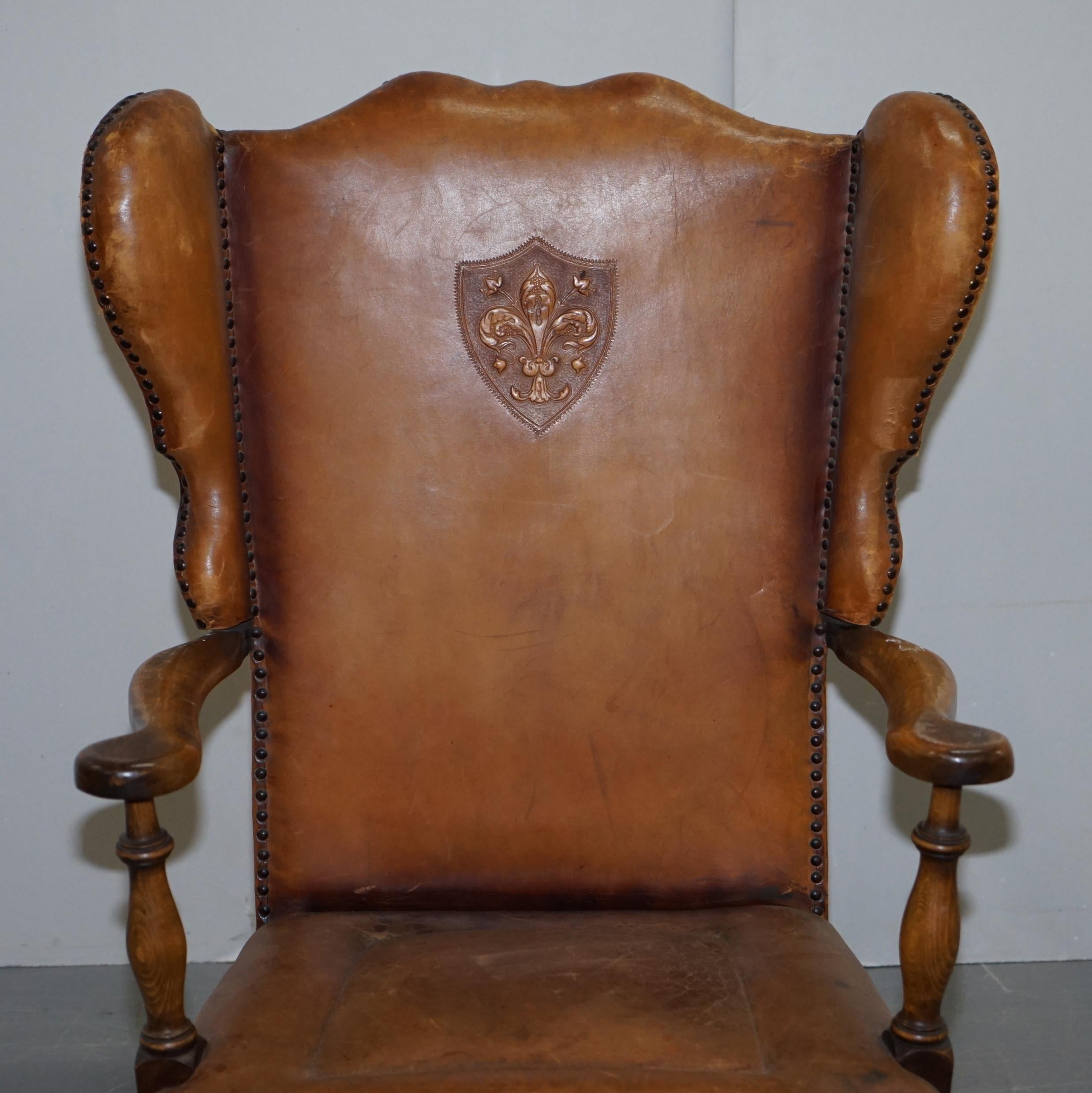 Coat of Arms Armorial Crest Edwardian Oak and Brown Leather Wingback Armchairs 8