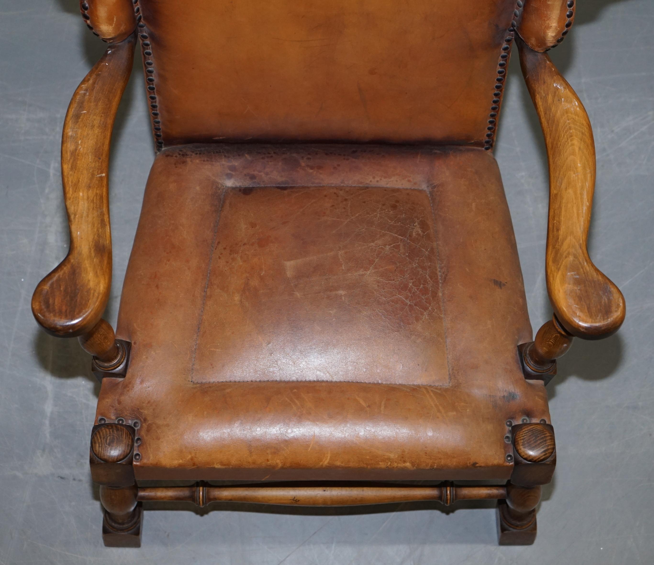 Coat of Arms Armorial Crest Edwardian Oak and Brown Leather Wingback Armchairs 11