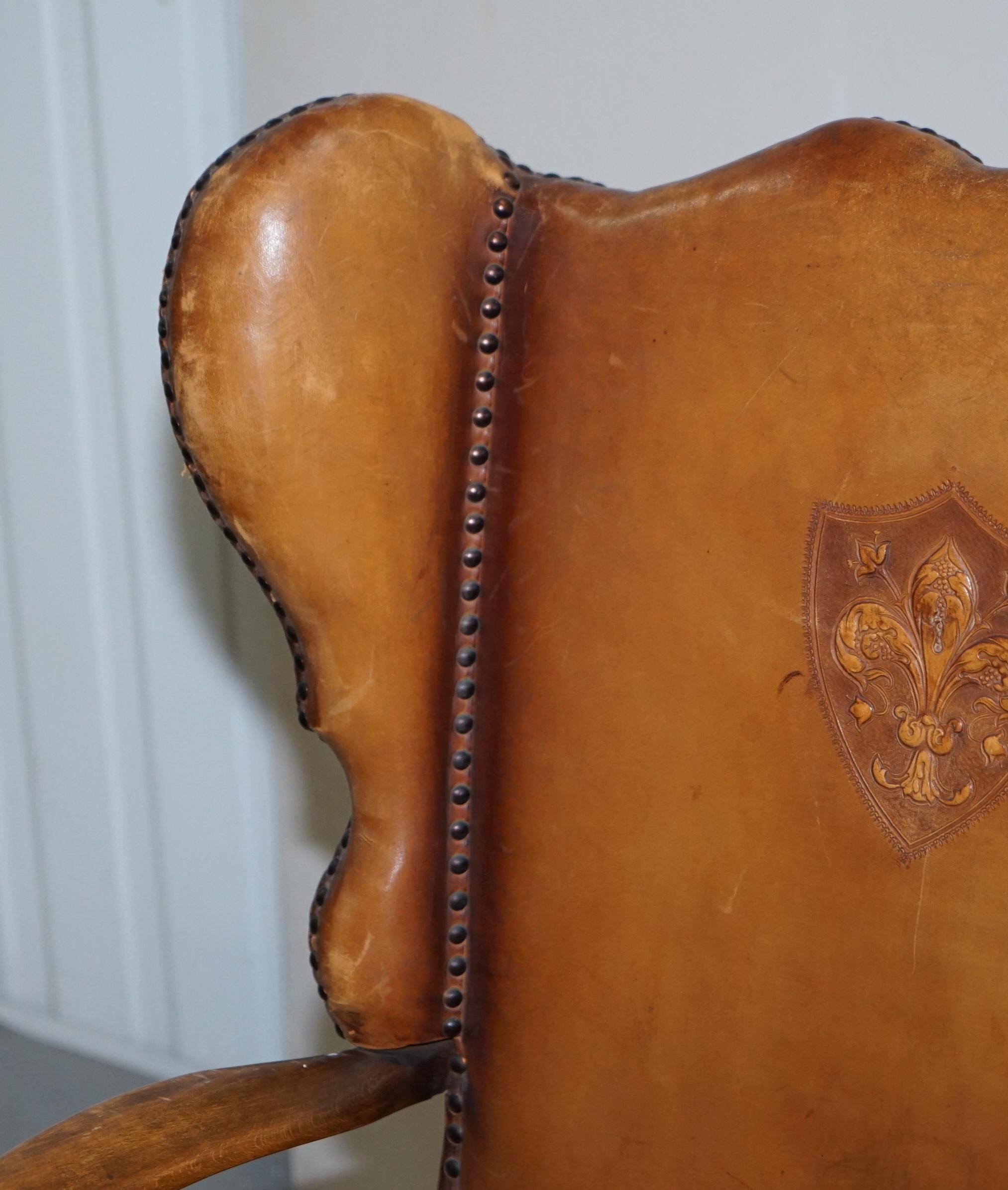 Coat of Arms Armorial Crest Edwardian Oak and Brown Leather Wingback Armchairs 12