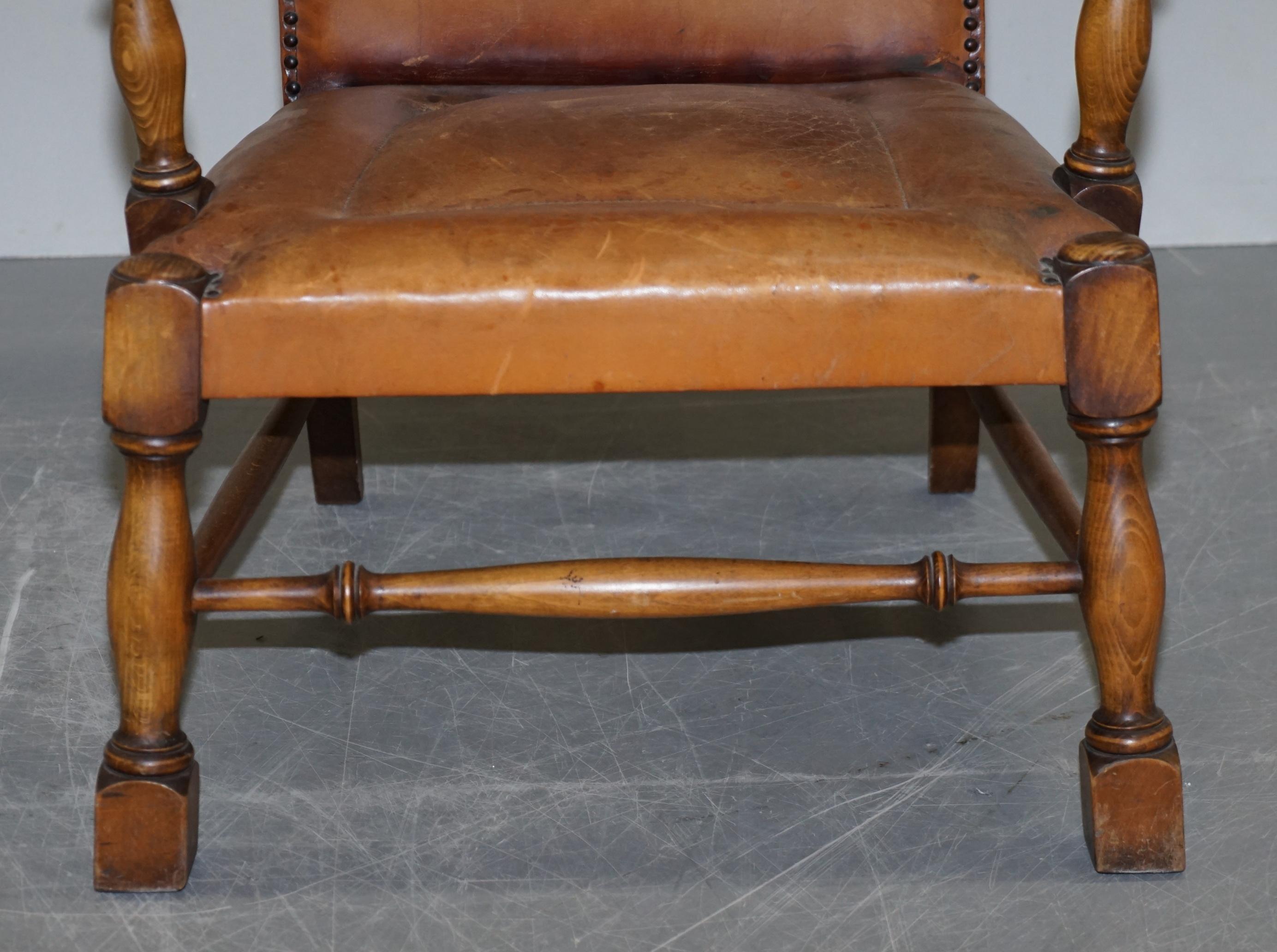 Coat of Arms Armorial Crest Edwardian Oak and Brown Leather Wingback Armchairs 13