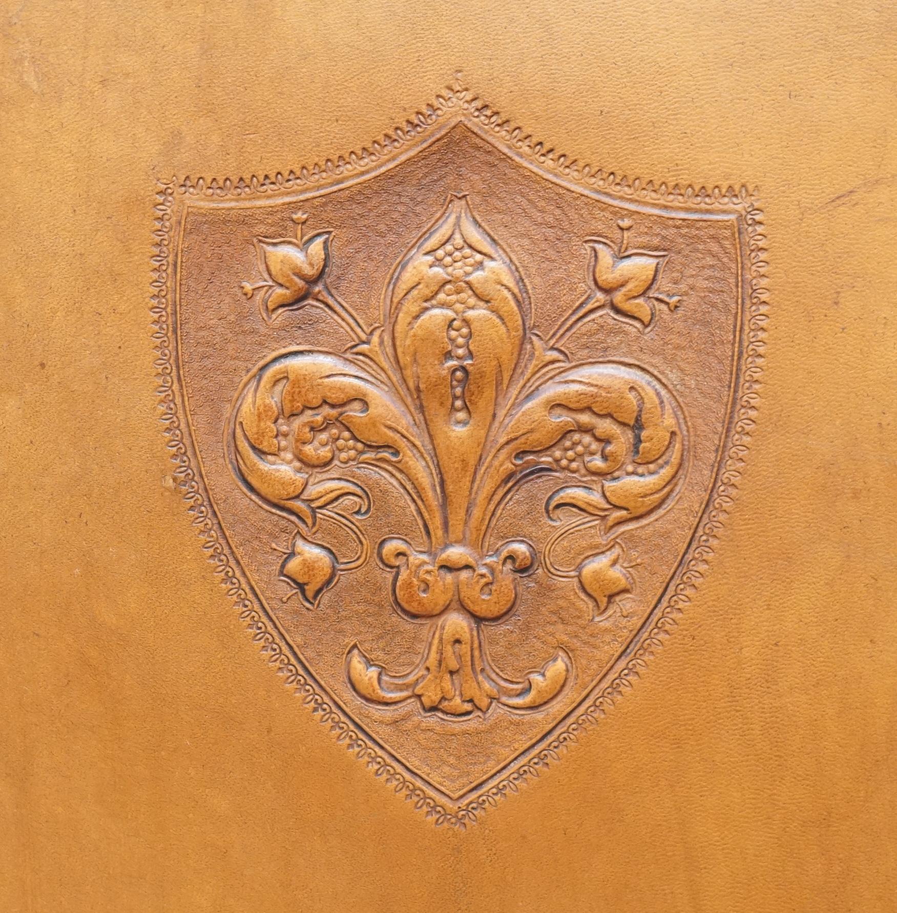 Hand-Carved Coat of Arms Armorial Crest Edwardian Oak and Brown Leather Wingback Armchairs