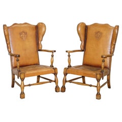 Coat of Arms Armorial Crest Edwardian Oak and Brown Leather Wingback Armchairs