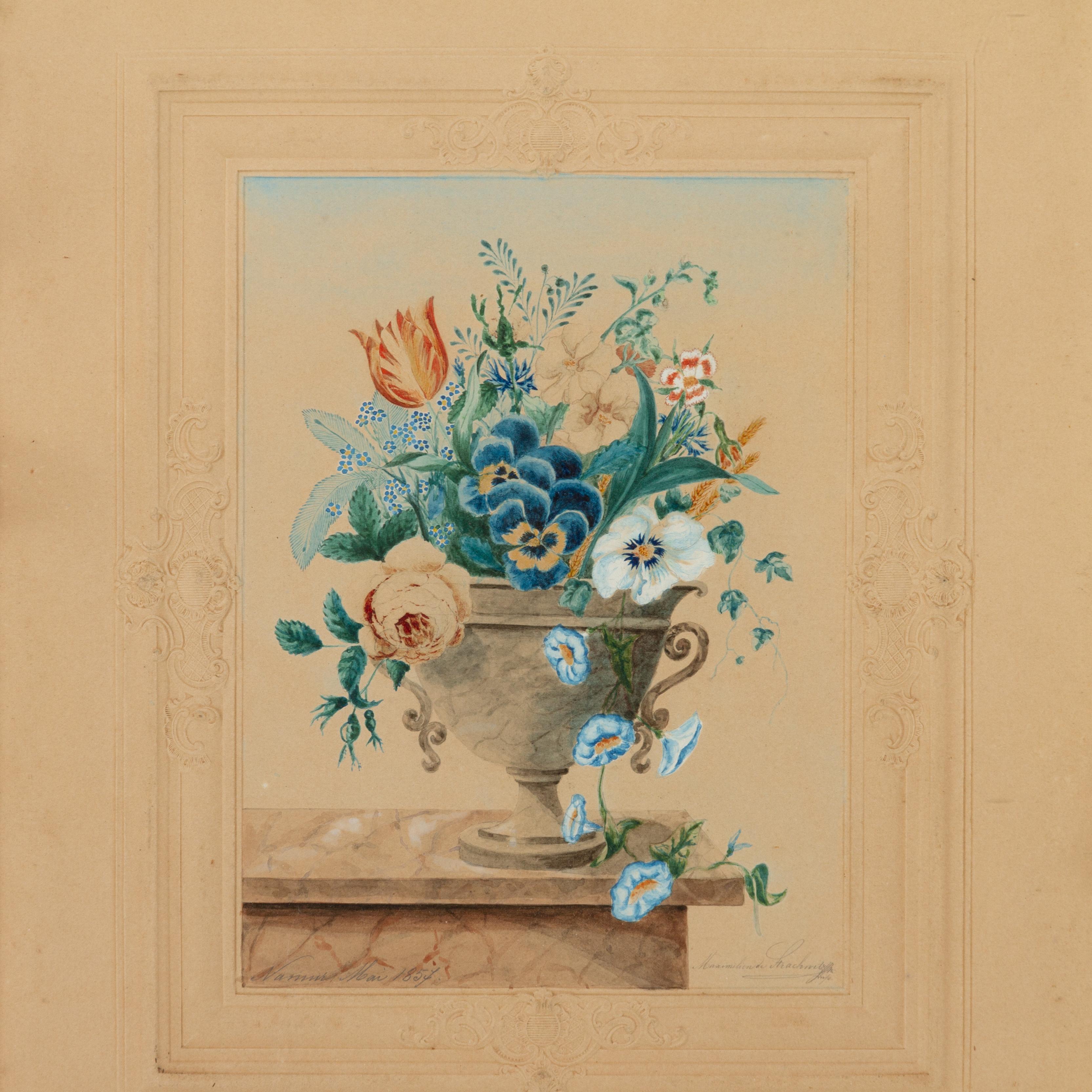 In good condition
From a private collection
Free international shipping
Coat of Arms Flowers Still Life Watercolour on Embossed Paper 19thC
