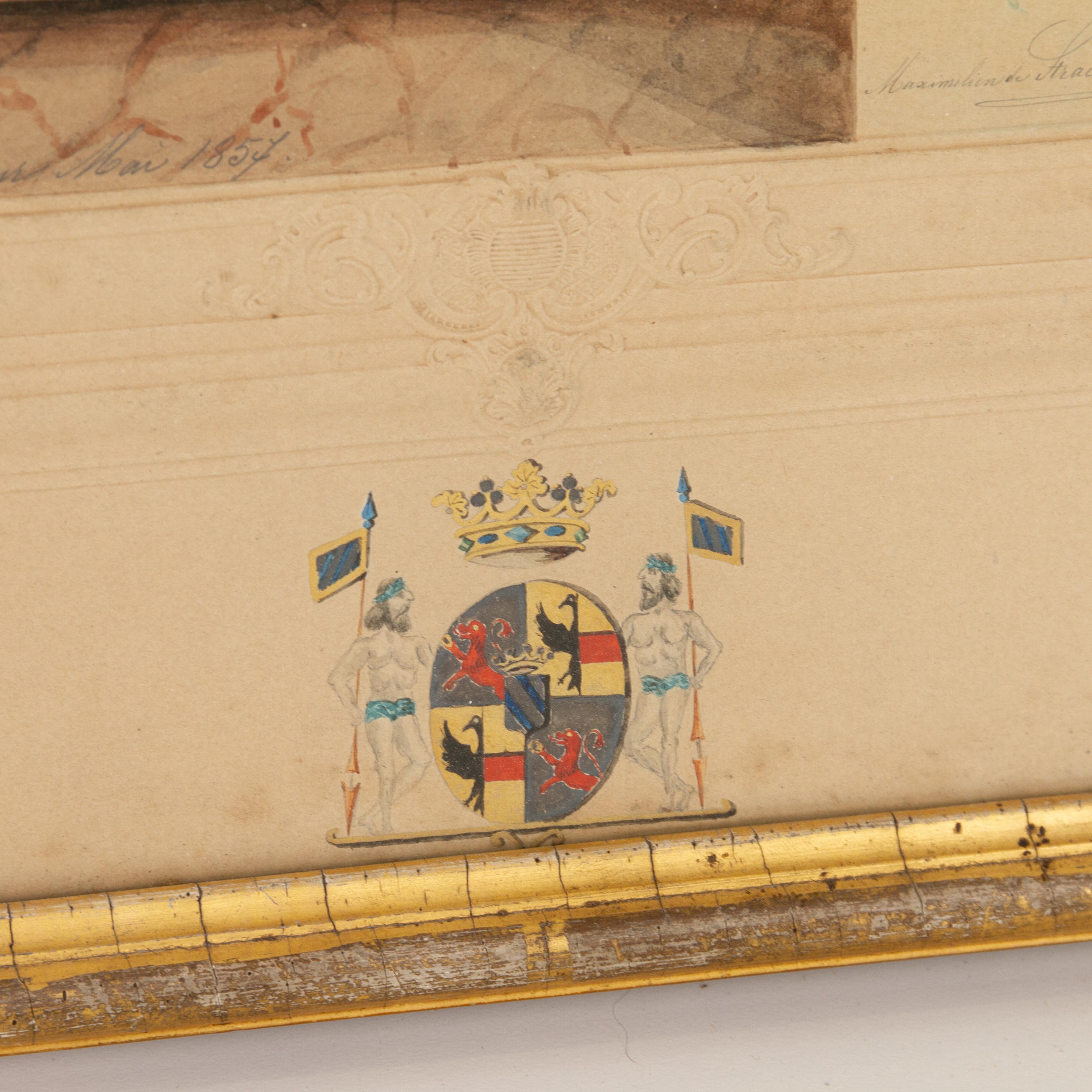 Coat of Arms Flowers Still Life Watercolour on Embossed Paper 19thC In Good Condition For Sale In Nottingham, GB