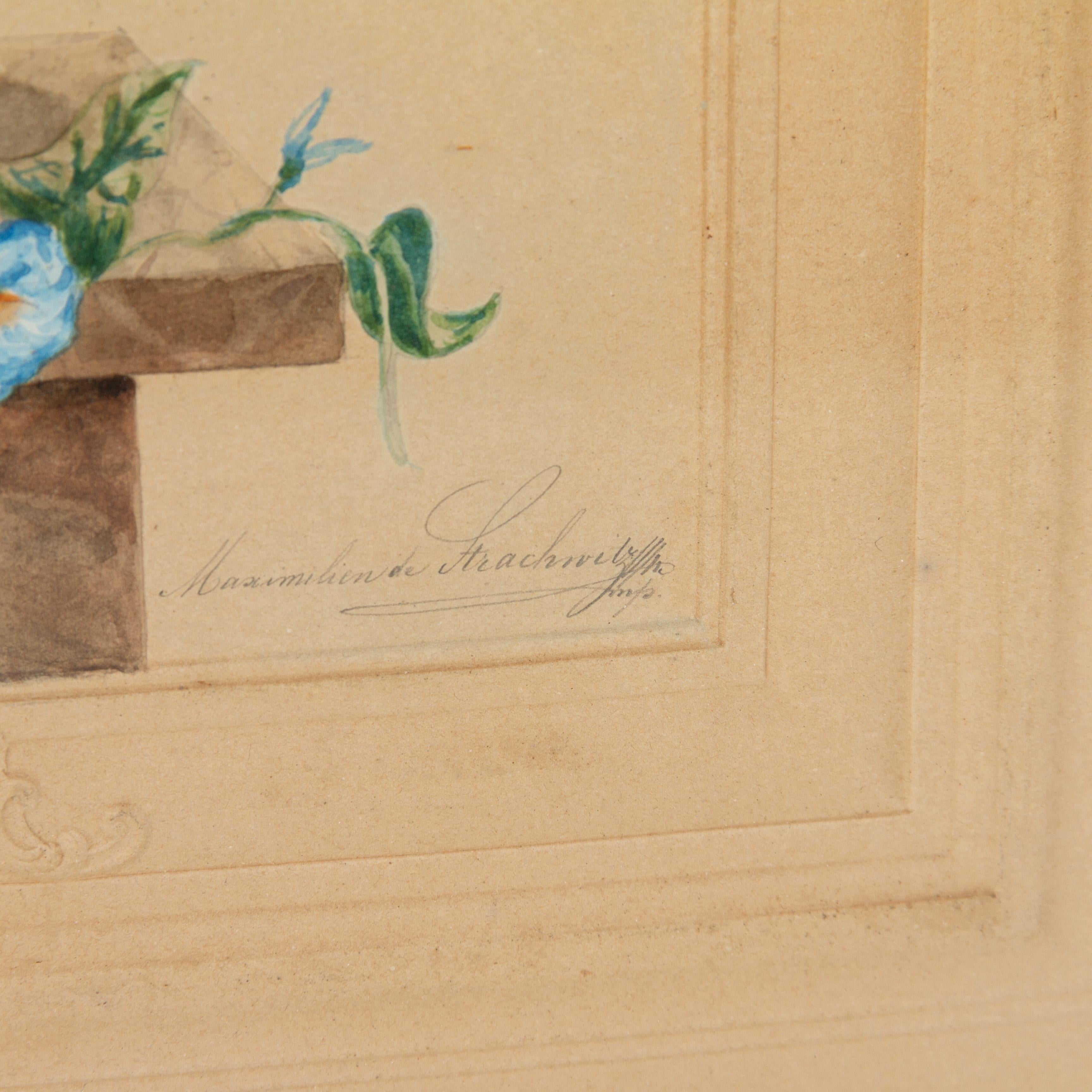 19th Century Coat of Arms Flowers Still Life Watercolour on Embossed Paper 19thC For Sale