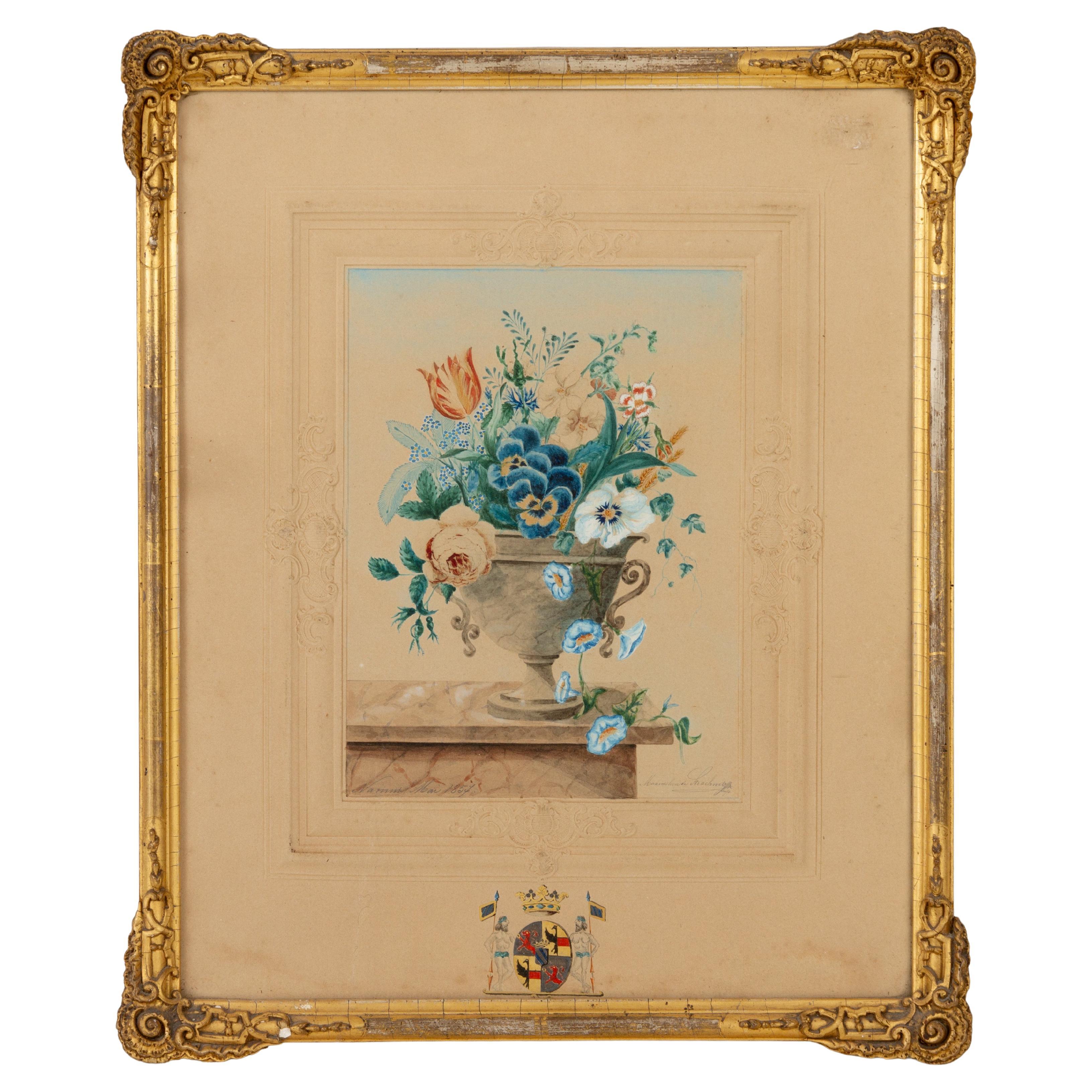 Armoiries Fleurs Nature morte Aquarelle sur papier gaufré 19e siècle
