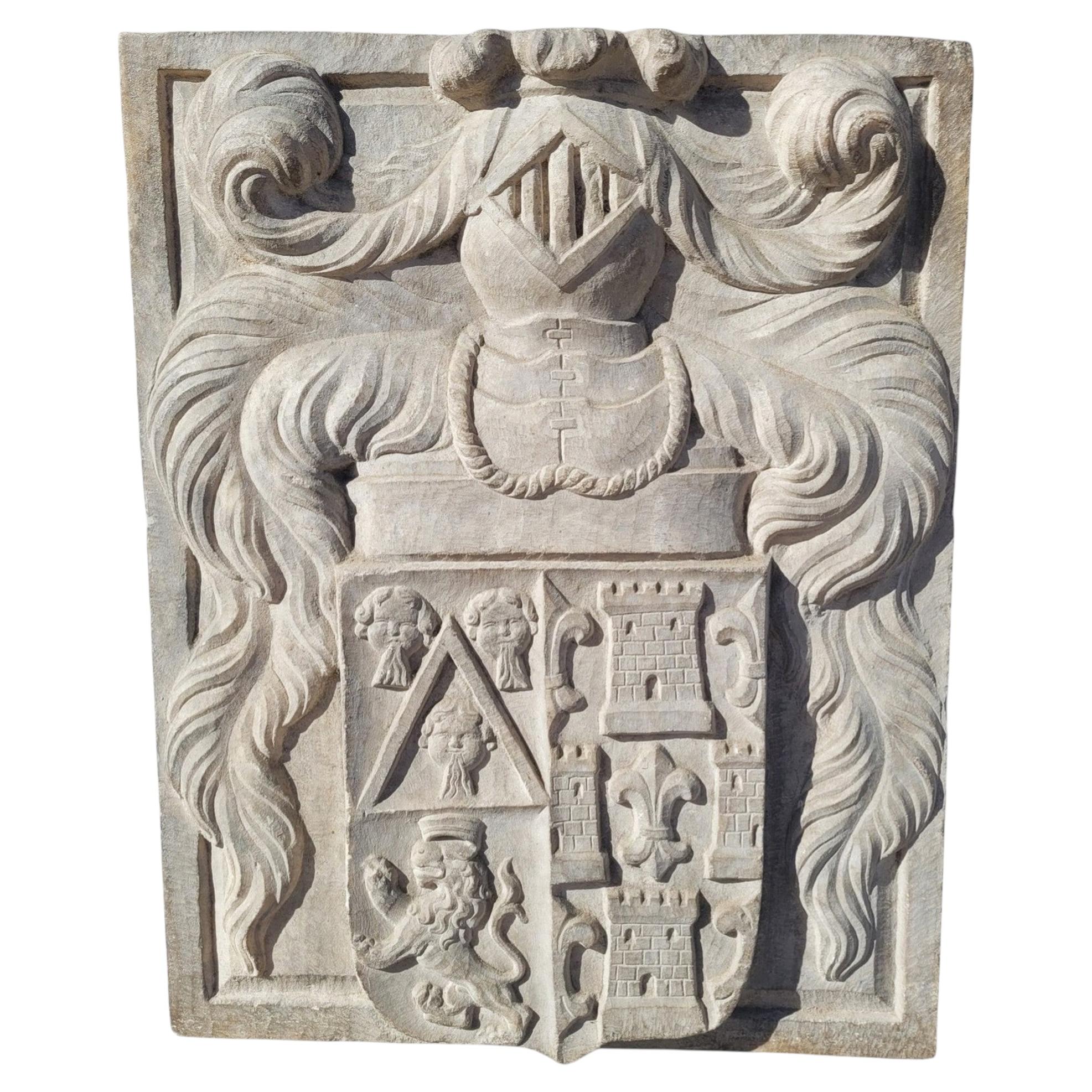 Coat Of Arms H62cm, Marble Carved With Various Coats Of Arms, 17th century or pr