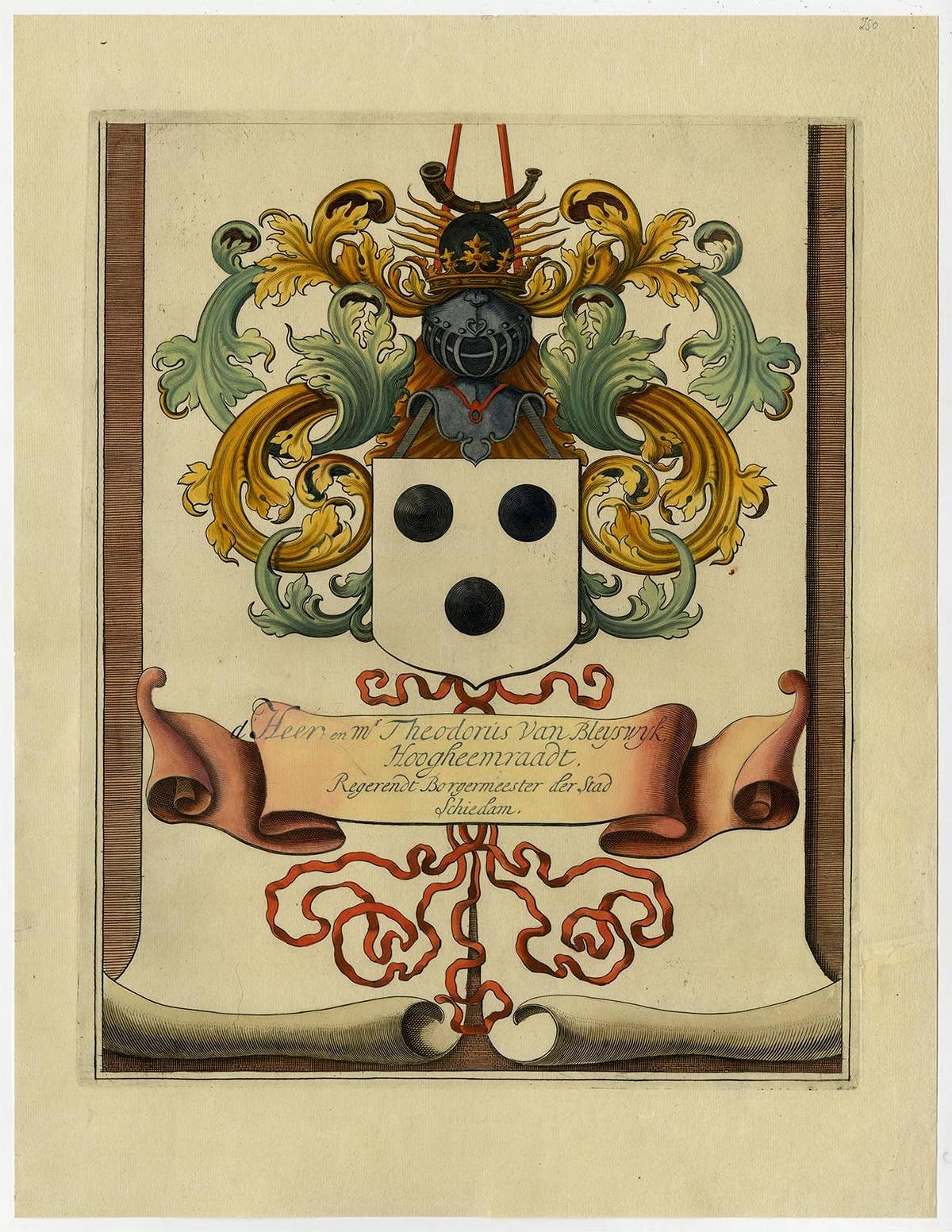 Coat of Arms of Theodorus Van Bleiswijk, Mayor of Schiedam, Netherlands, Ca.1680