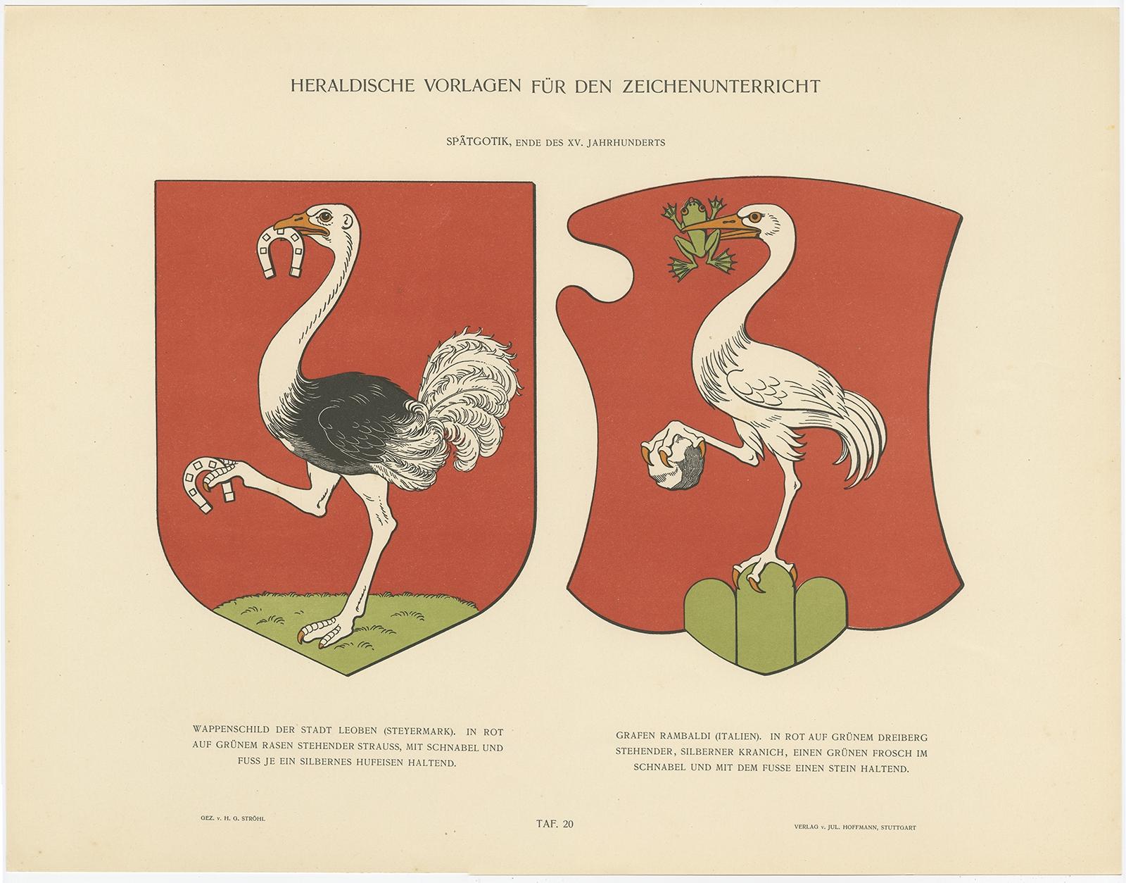 Antique coat of arms titled 'Wappenschild der Stadt Leoben (..)'. 

Antique print depicting the coat of arms of Leoben (Steiermark, Austria) and Count Rambaldi (Italy). Originates from 'Heraldische Vorlagen für den Zeichenunterricht'. 

Artists
