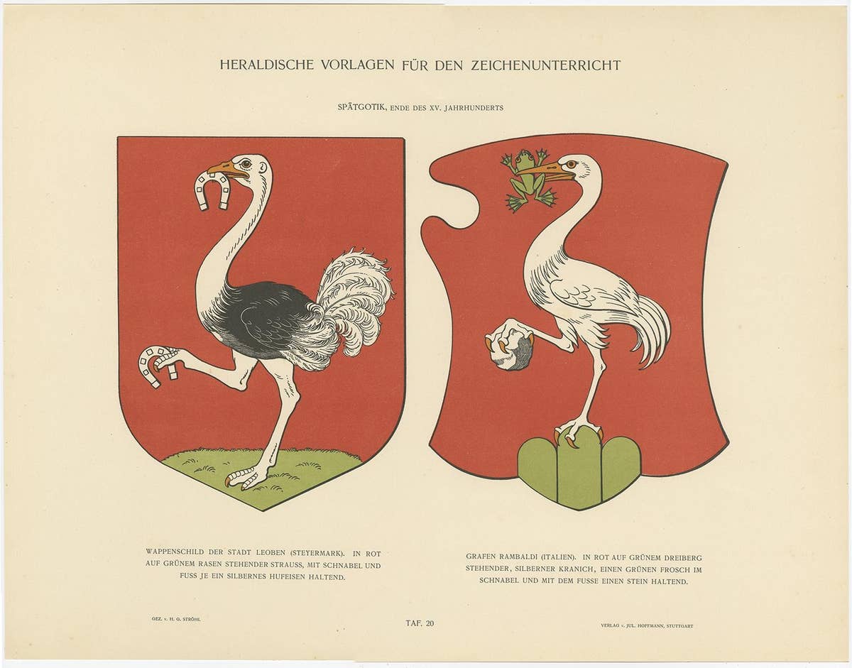 Coat of Arms Print of Leoben, Steiermark, Austria & Count Rambaldi, Italy, 1910