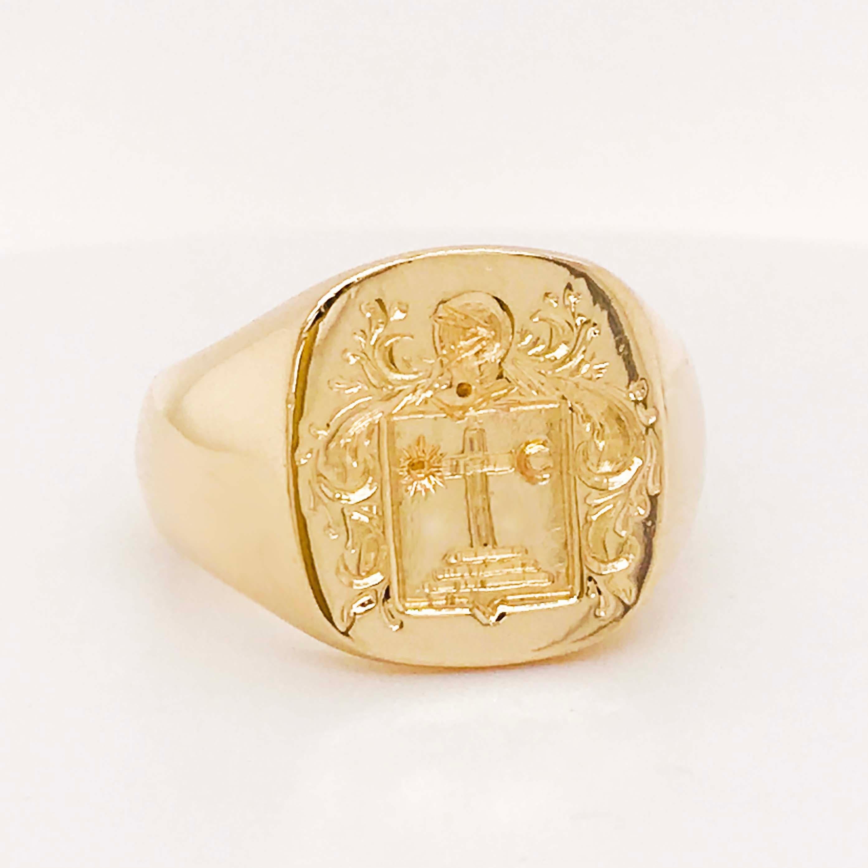 Cross Signet Man's Ring in 14K Yellow Gold, Religious Coat of Arms Ring 2